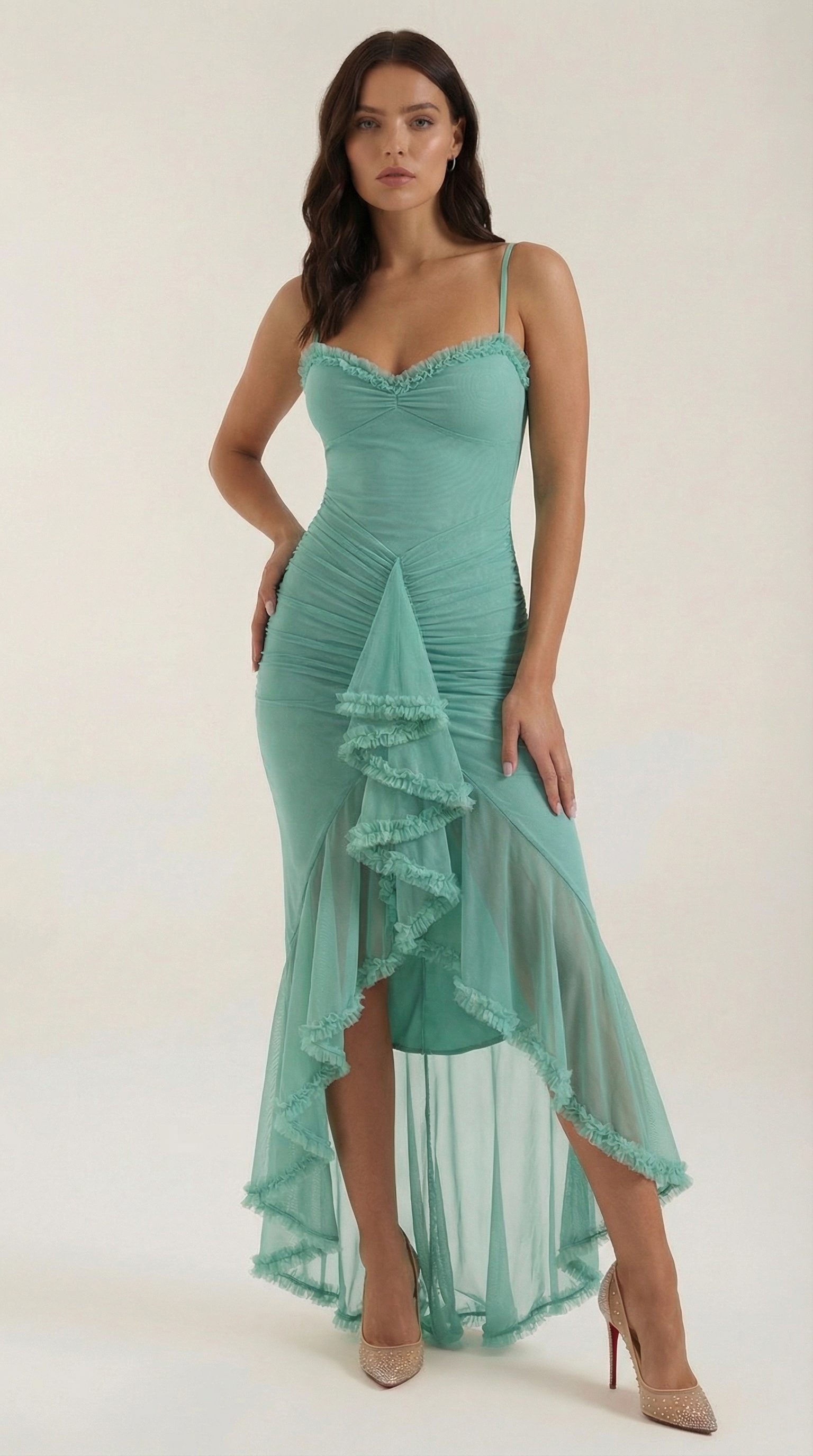 Wisteria Women's Sweetheart Ruffle Trim Maxi Gown - Mint Green