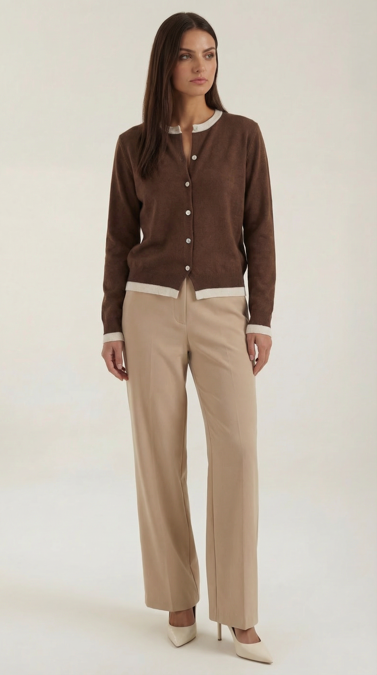 Wynona Women's Contrast Trim Button-Up Knit Cardigan - Brown