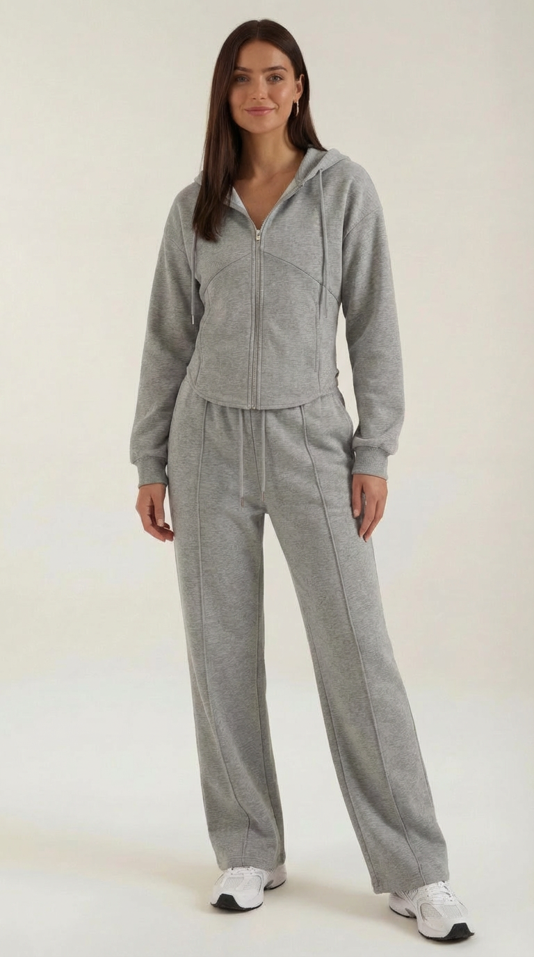 Yolanda Women's Zip Hoodie and Wide Leg Trousers Set - Grey