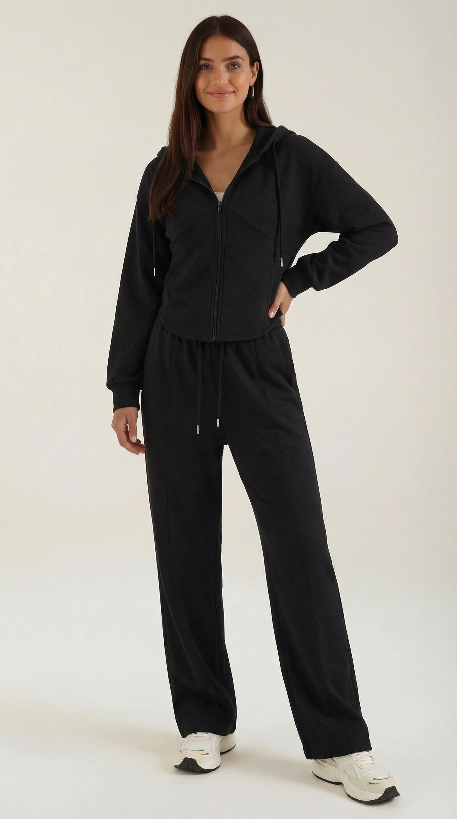 Yolanda Women's Zip Hoodie and Wide Leg Trousers Set - Black