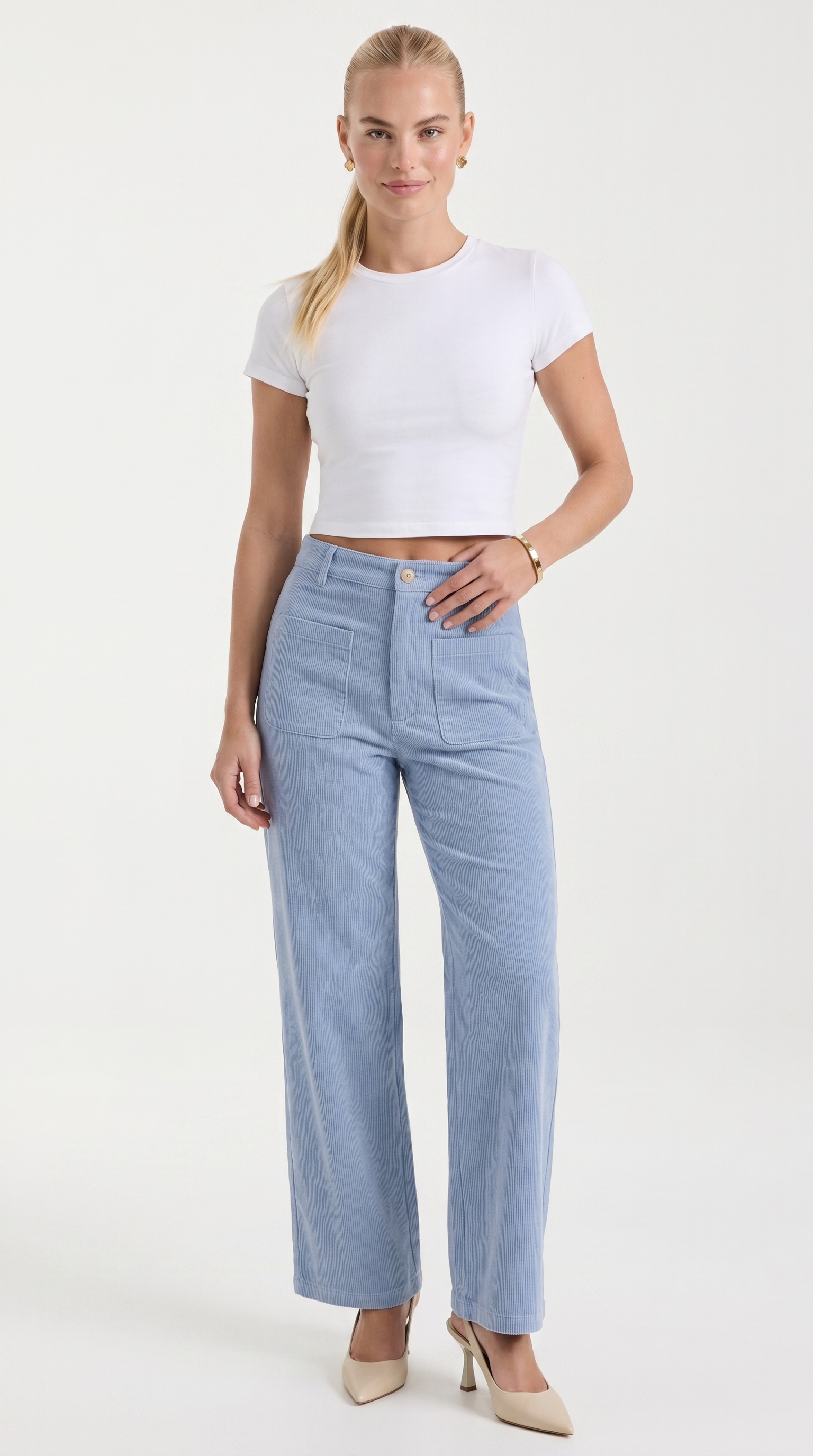 Allison Women's High Waist Wide Leg Corduroy Trousers - Baby Blue