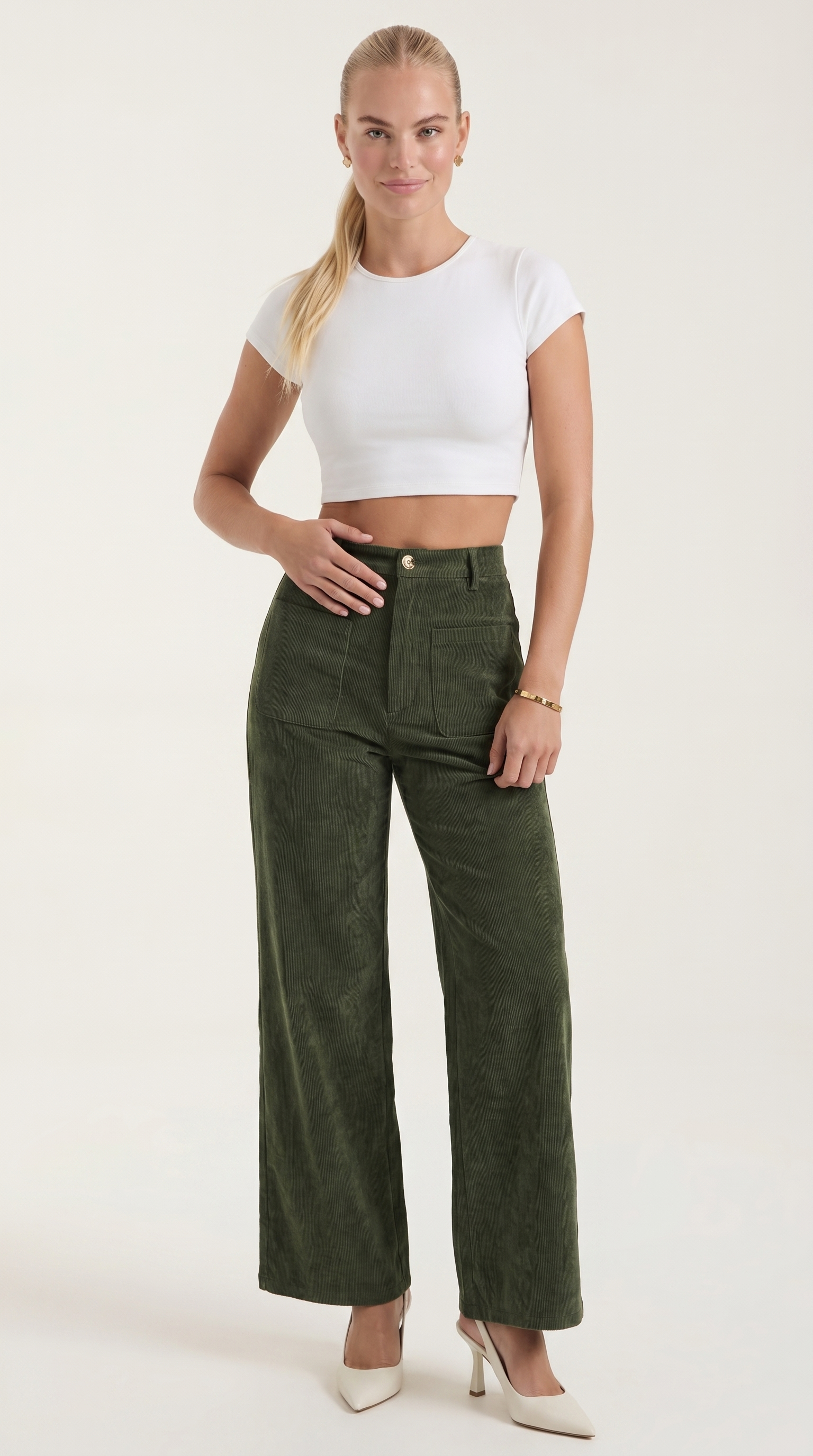 Allison Women's High Waist Wide Leg Corduroy Trousers - Dark Green