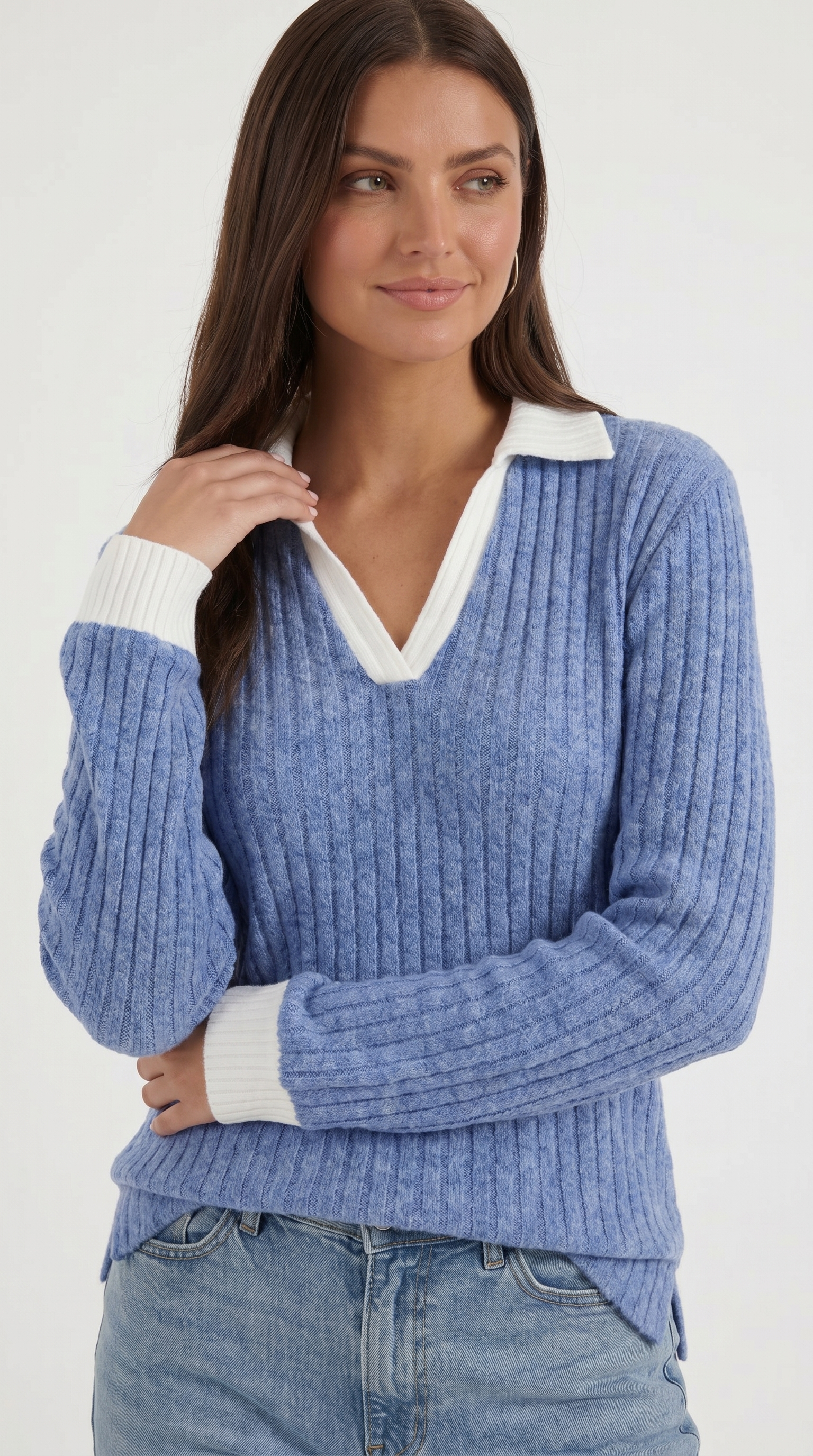 Althea Women's Collared V-Neck Ribbed Long Sleeve Top - Blue