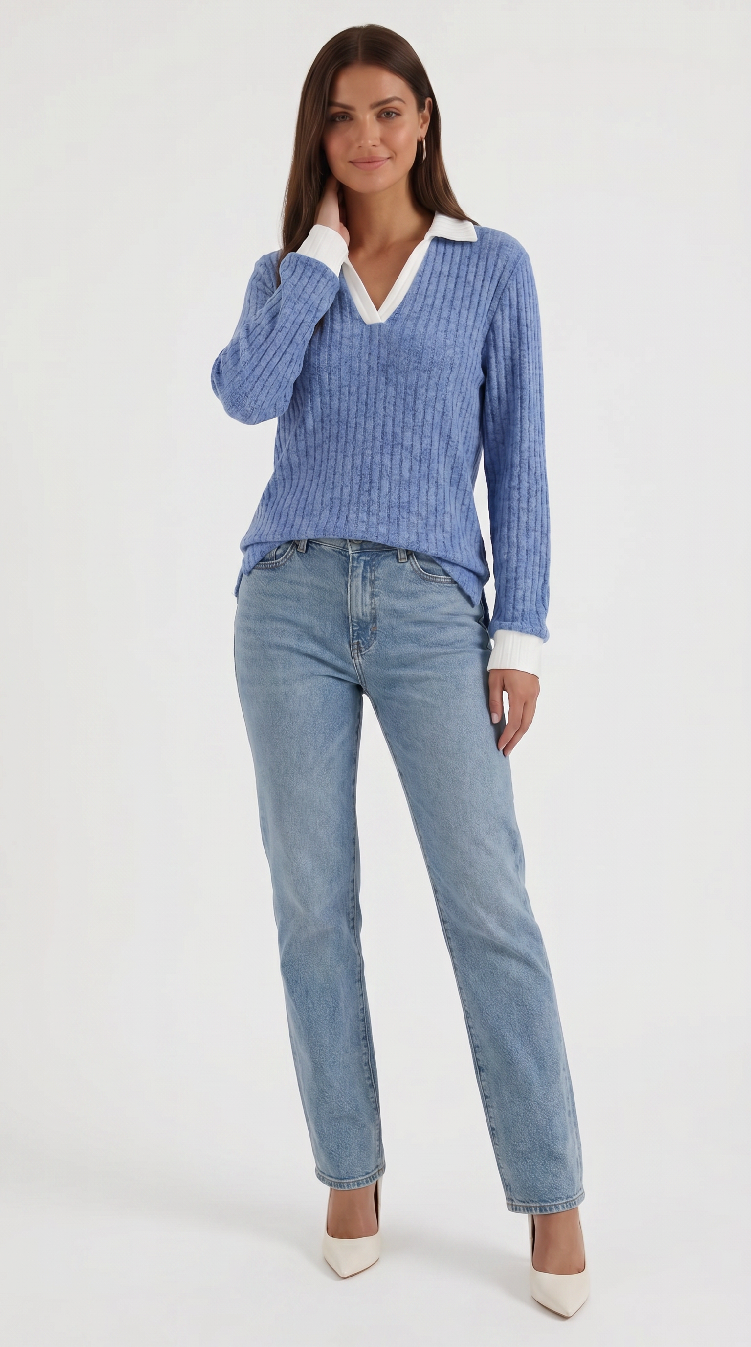 Althea Women's Collared V-Neck Ribbed Long Sleeve Top