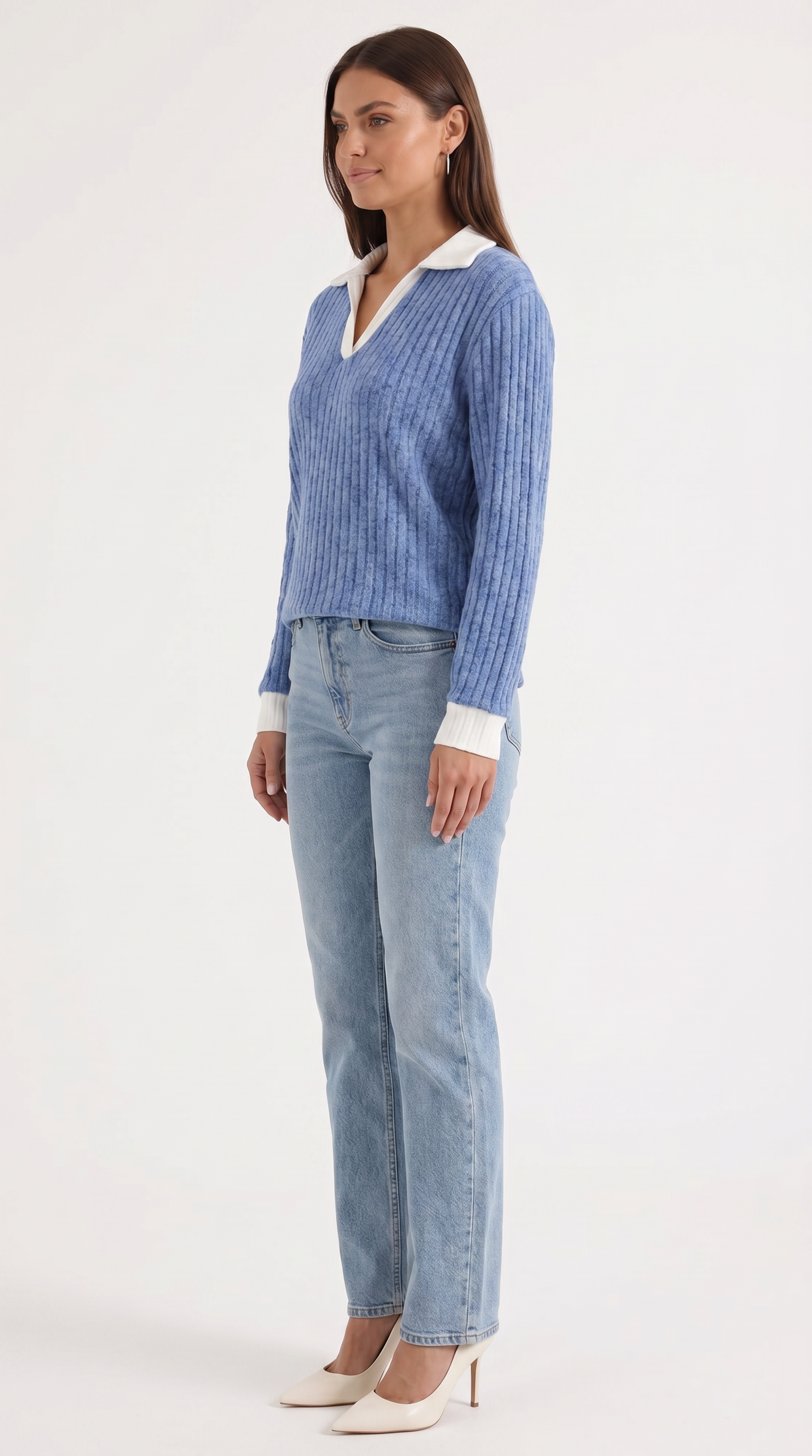 Althea Women's Collared V-Neck Ribbed Long Sleeve Top