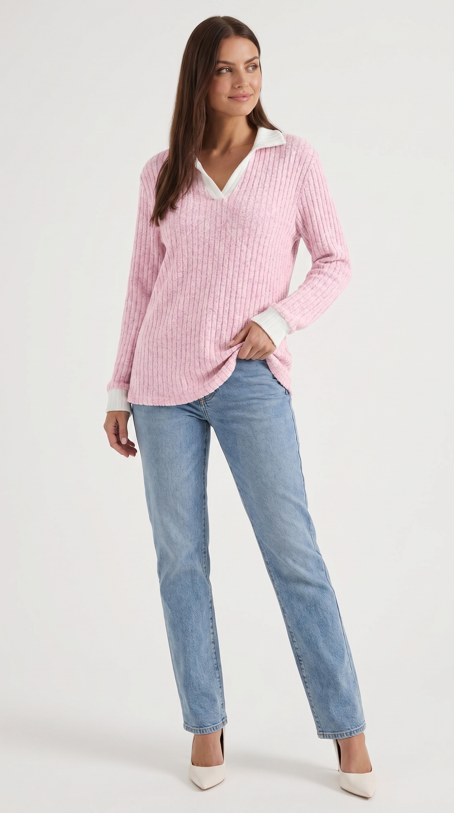 Althea Women's Collared V-Neck Ribbed Long Sleeve Top