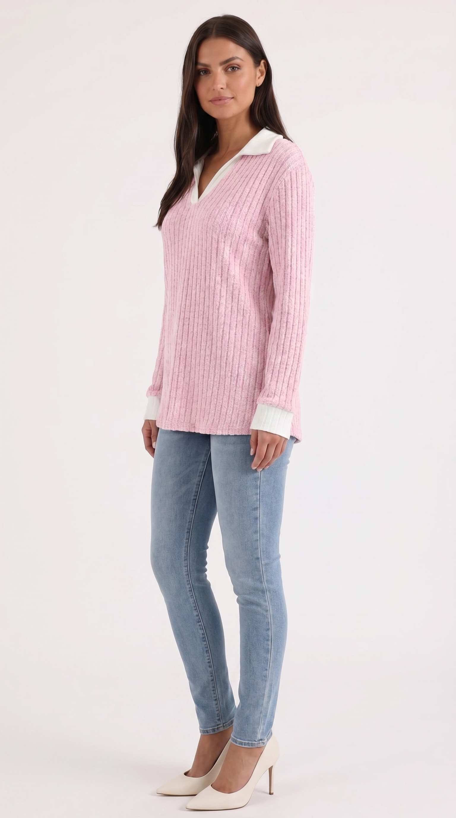 Althea Women's Collared V-Neck Ribbed Long Sleeve Top