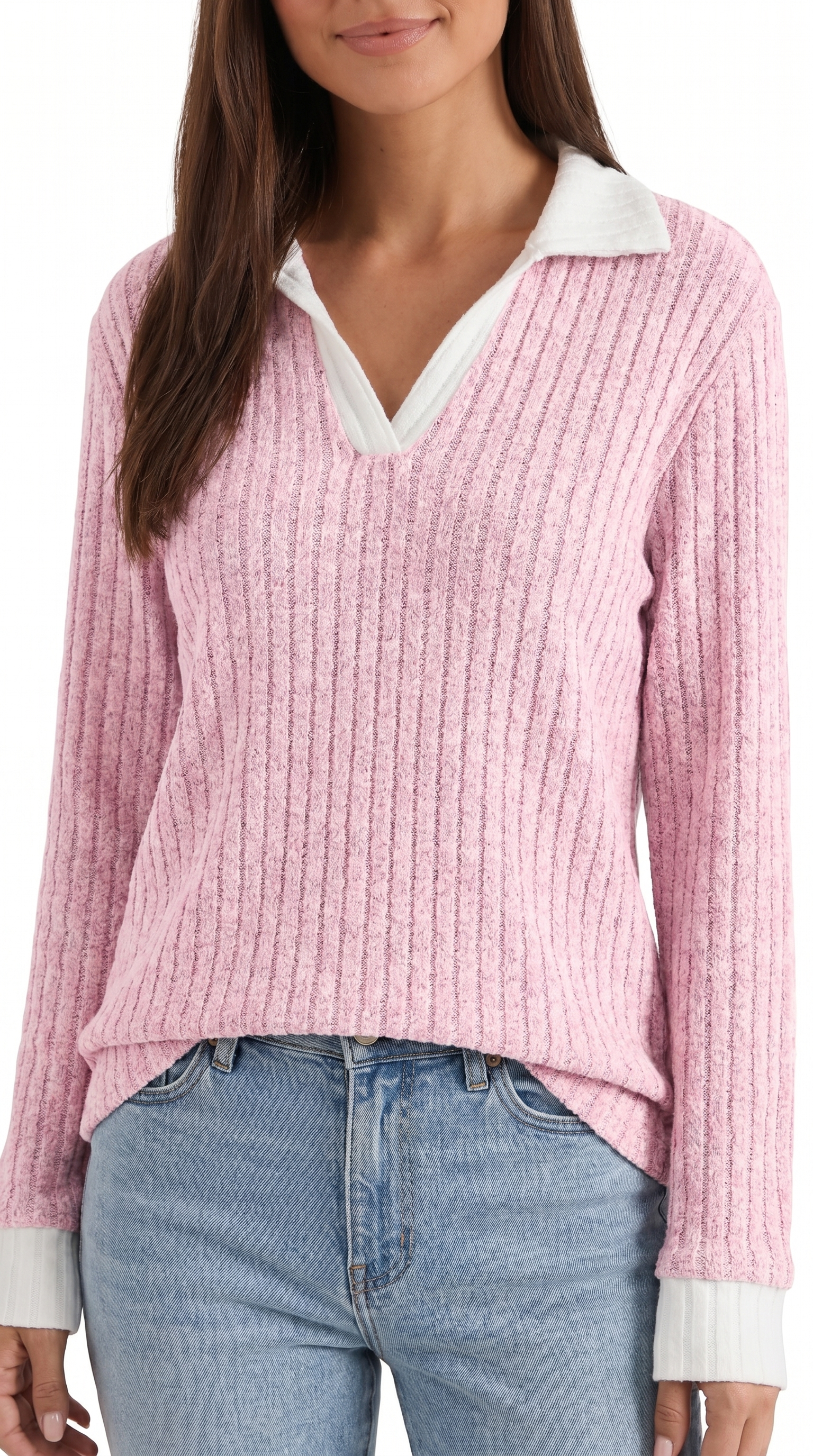 Althea Women's Collared V-Neck Ribbed Long Sleeve Top