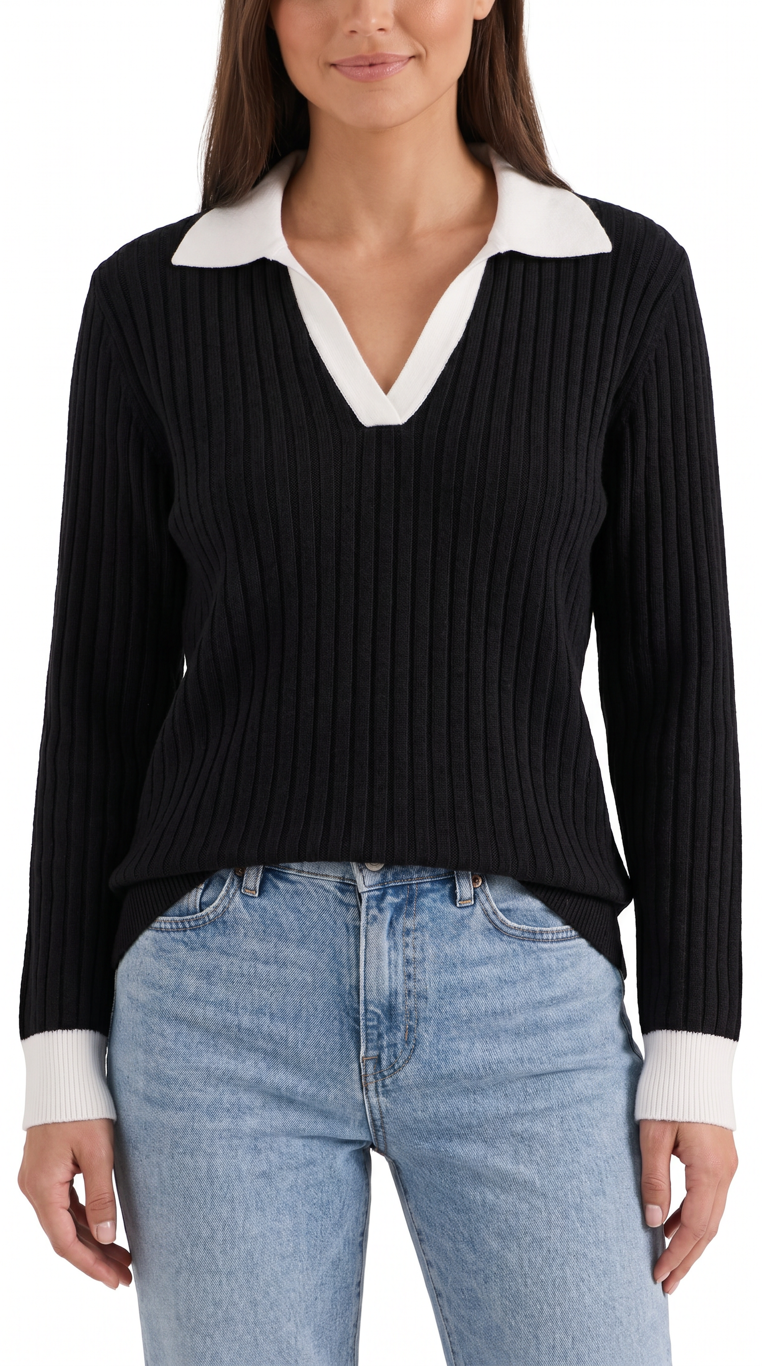 Althea Women's Collared V-Neck Ribbed Long Sleeve Top