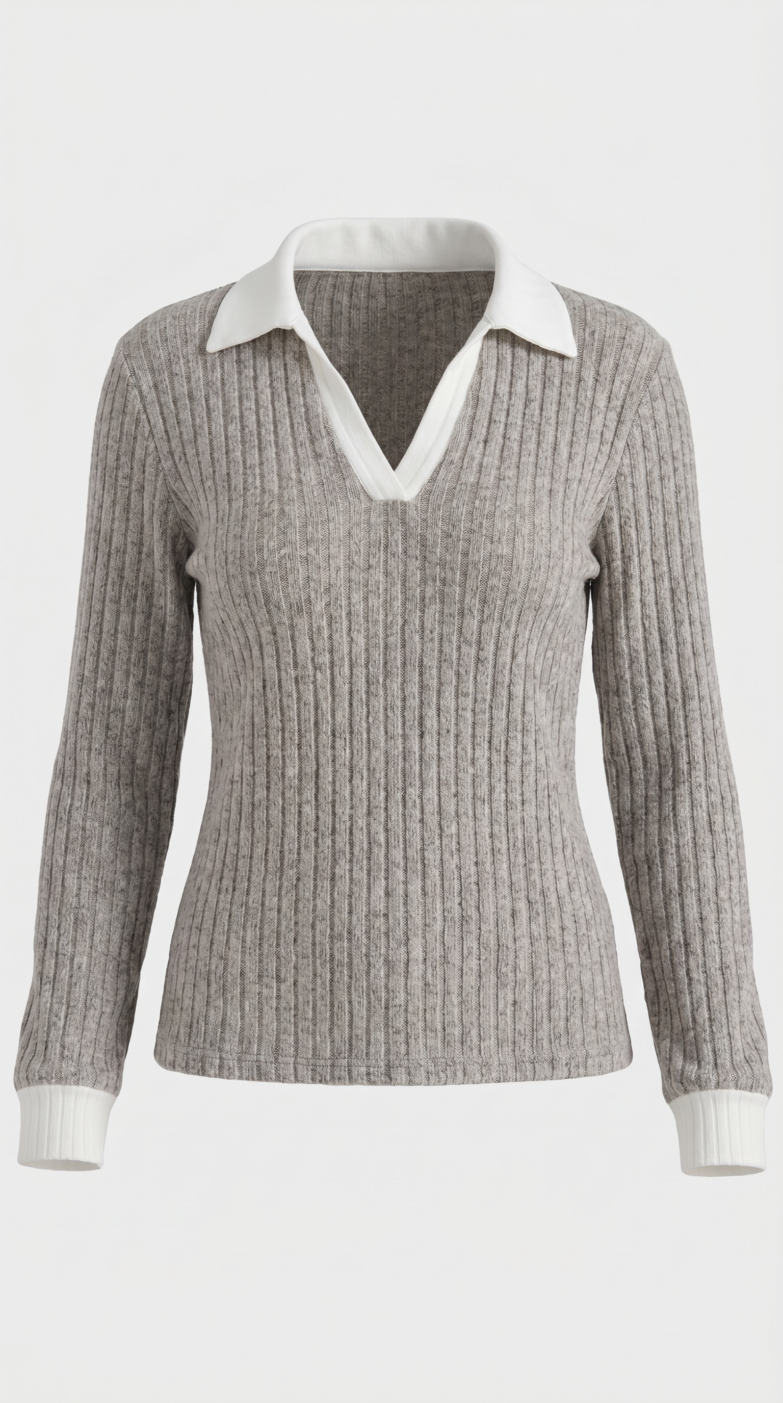 Althea Women's Collared V-Neck Ribbed Long Sleeve Top