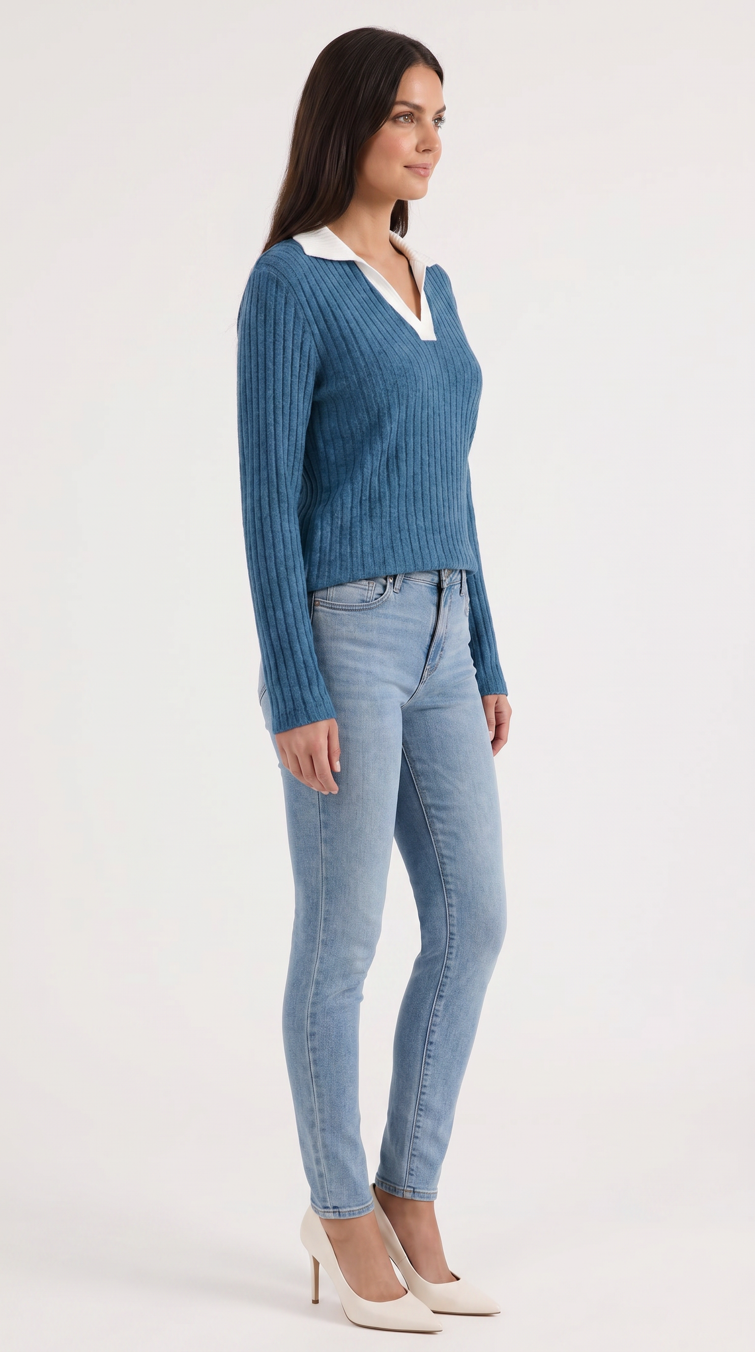 Althea Women's Collared V-Neck Ribbed Long Sleeve Top