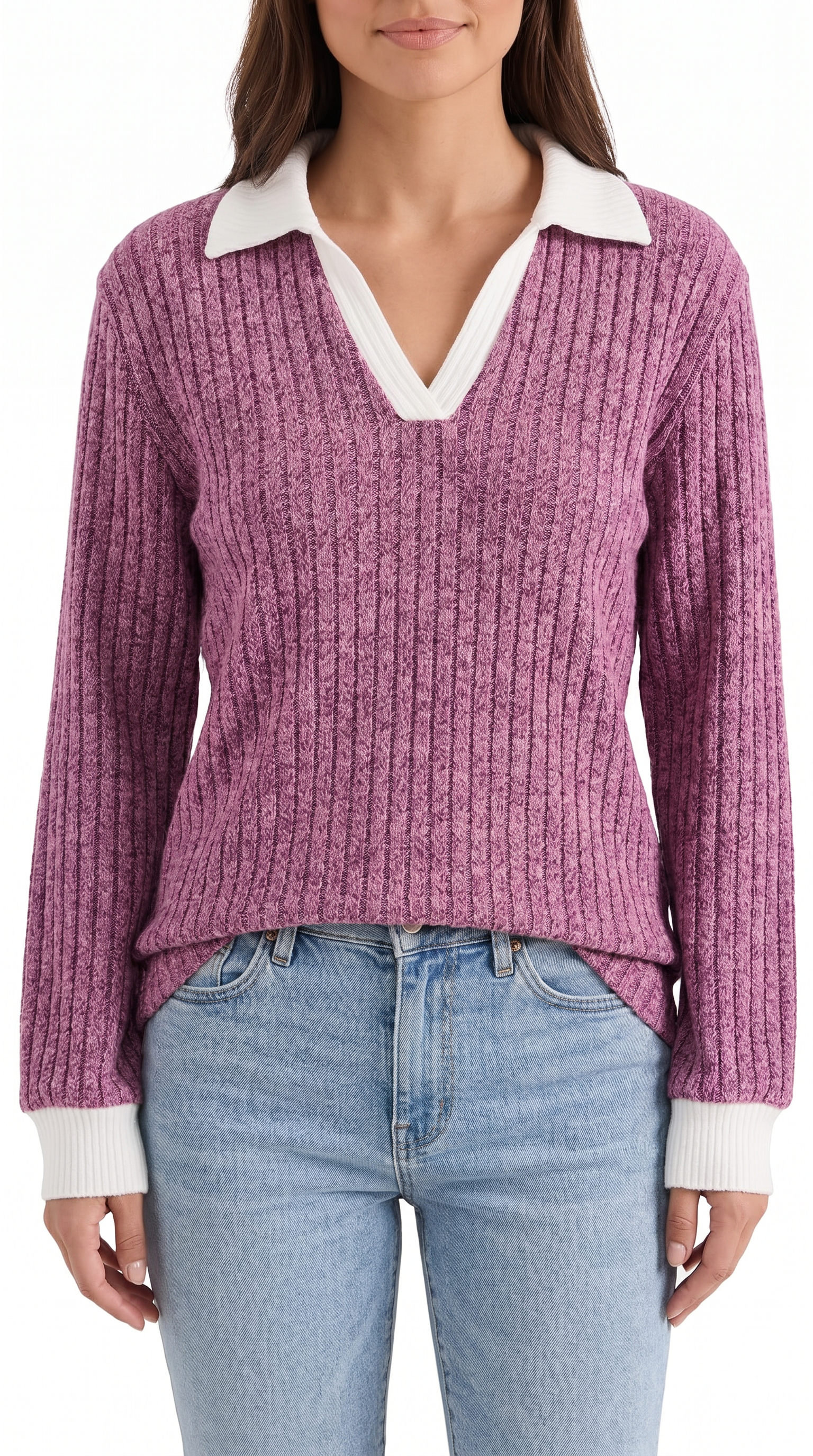 Althea Women's Collared V-Neck Ribbed Long Sleeve Top