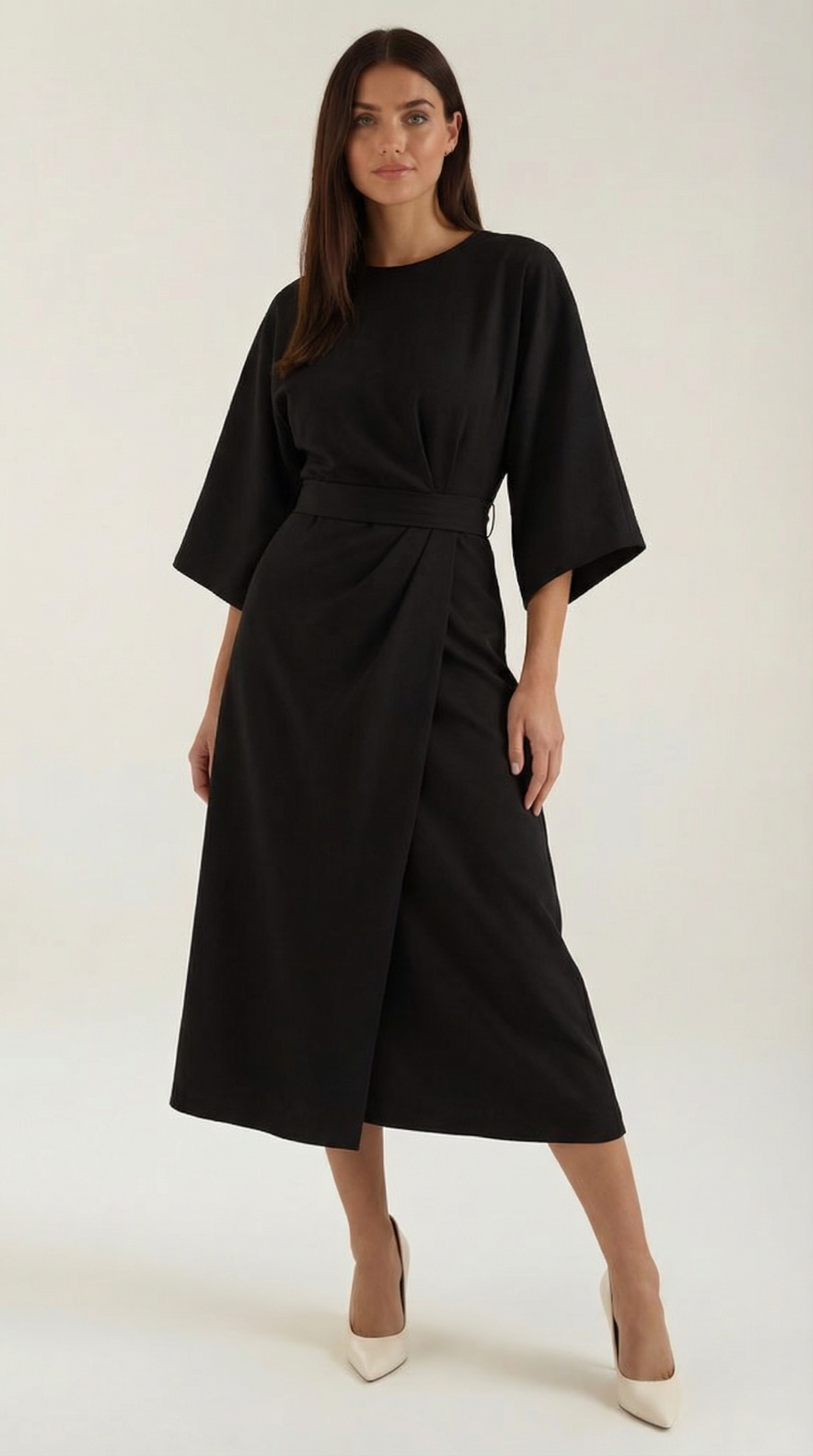 Ana Women's Bell Sleeve Belted Wrap Midi Dress - Black