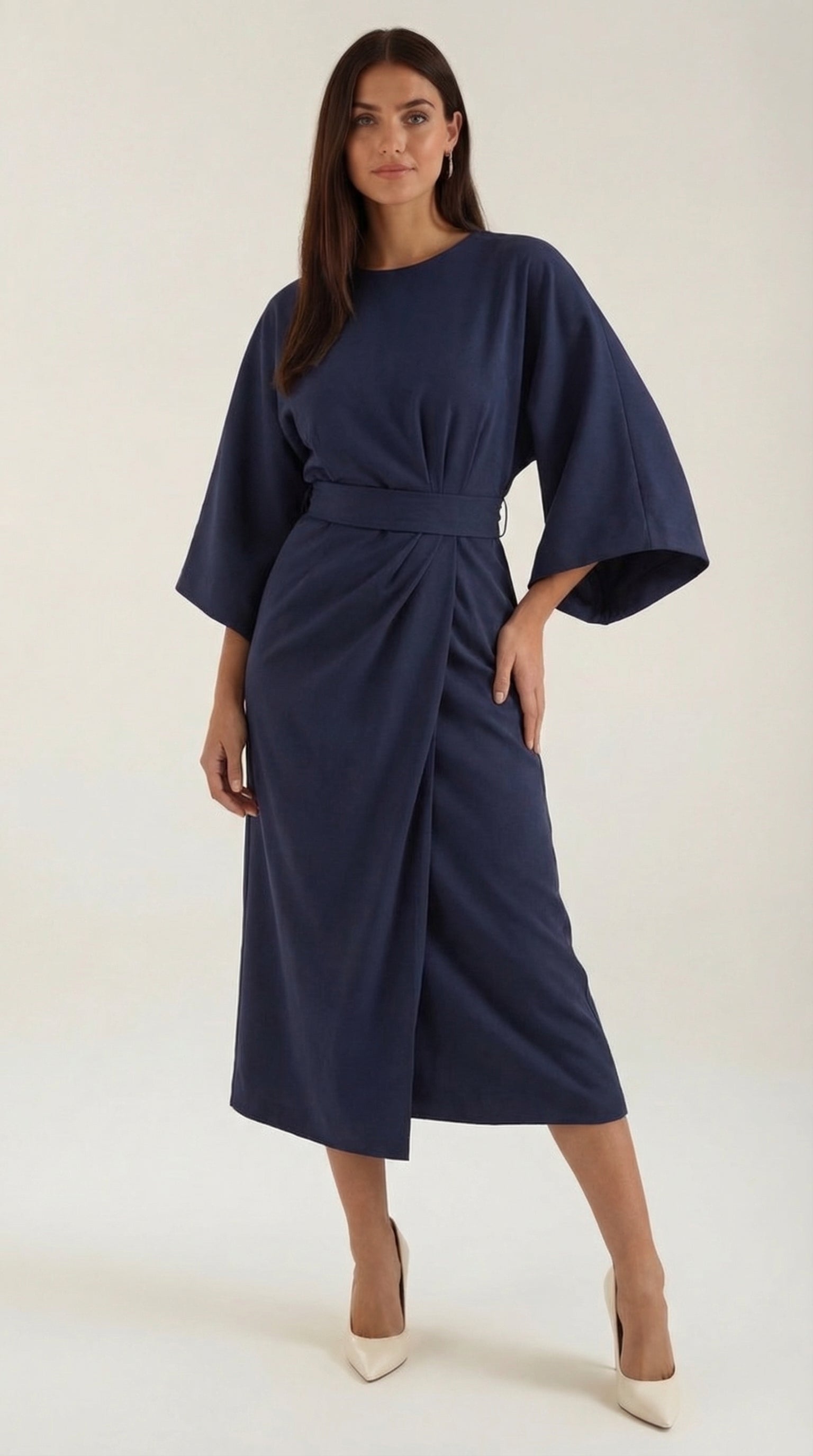 Ana Women's Bell Sleeve Belted Wrap Midi Dress - Navy