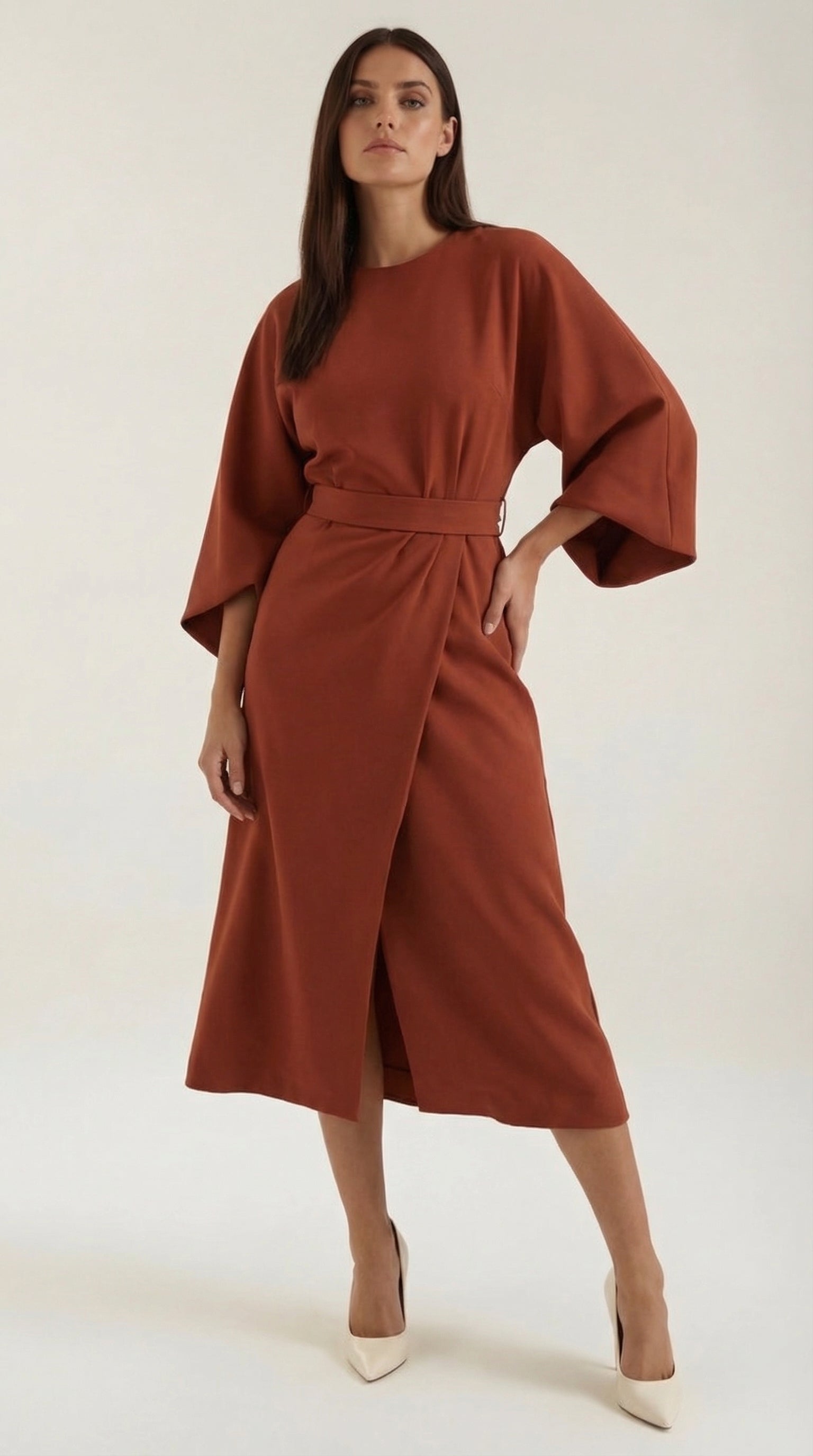 Ana Women's Bell Sleeve Belted Wrap Midi Dress - Orange