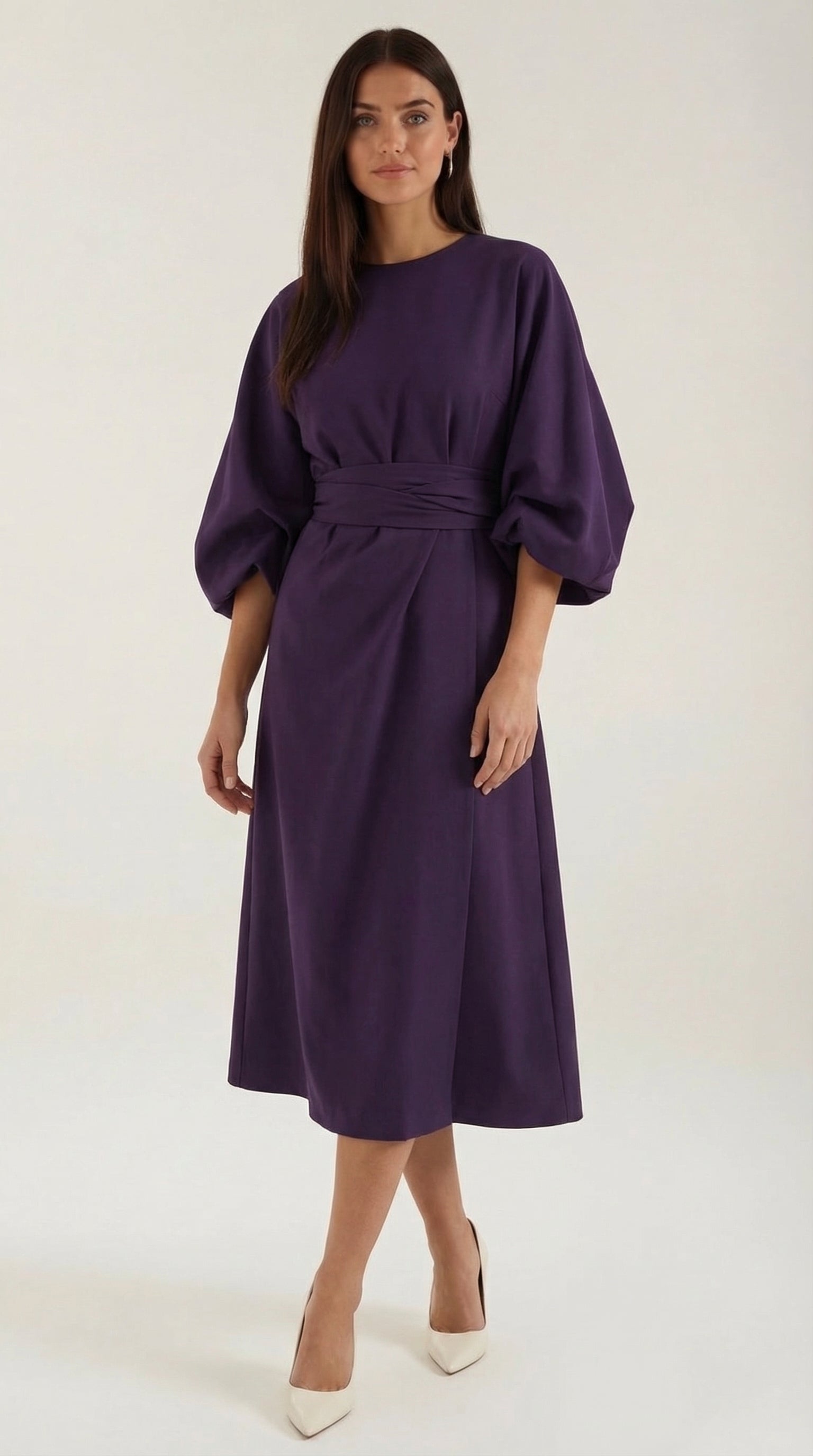 Ana Women's Bell Sleeve Belted Wrap Midi Dress - Dark Purple