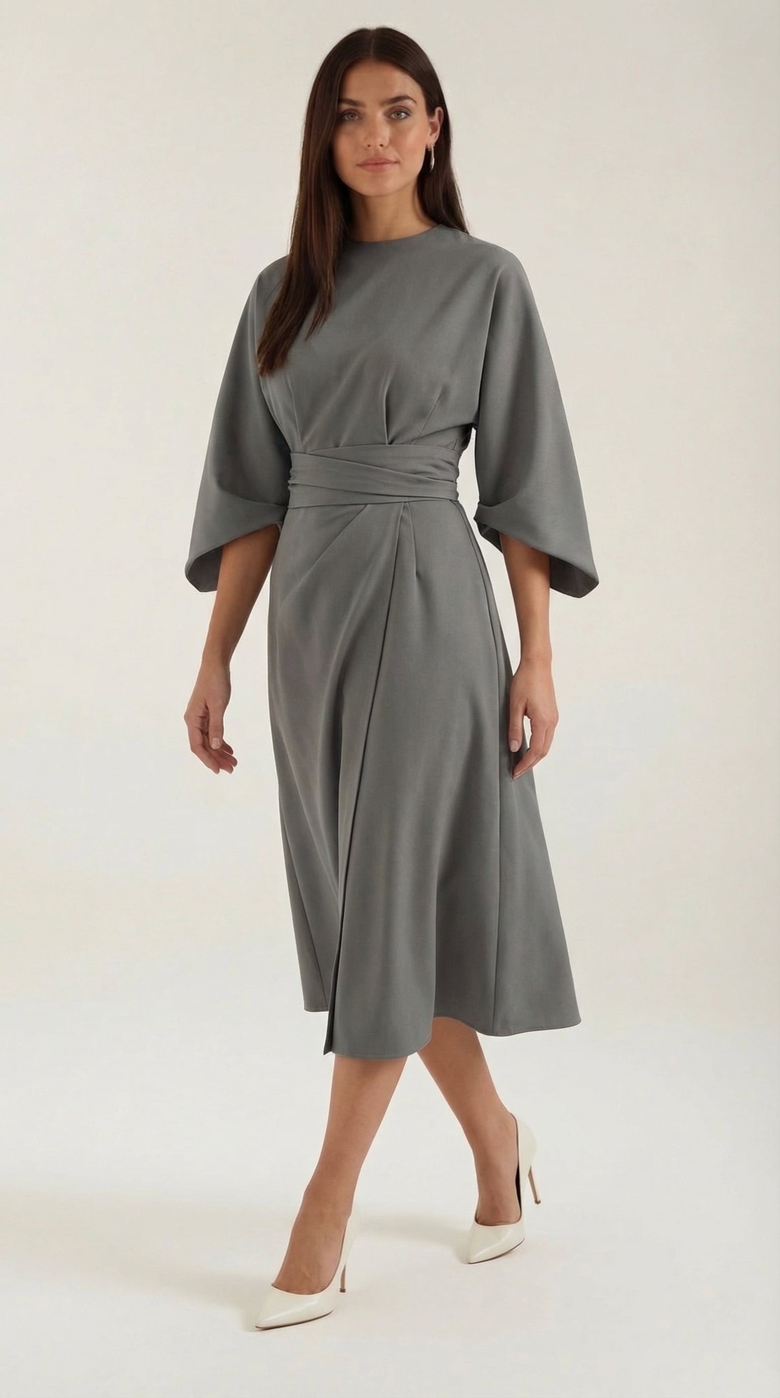 Ana Women's Bell Sleeve Belted Wrap Midi Dress - Grey