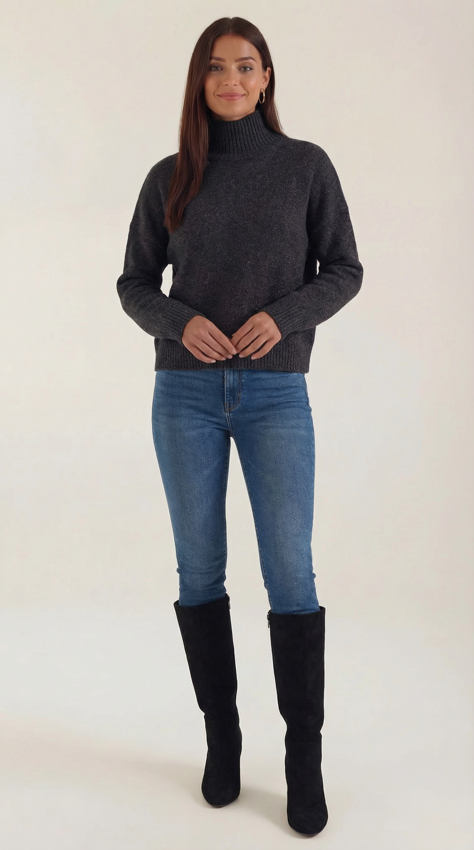 Andrea Women's Knitted Turtleneck Jumper with Ribbed Trims - Grey