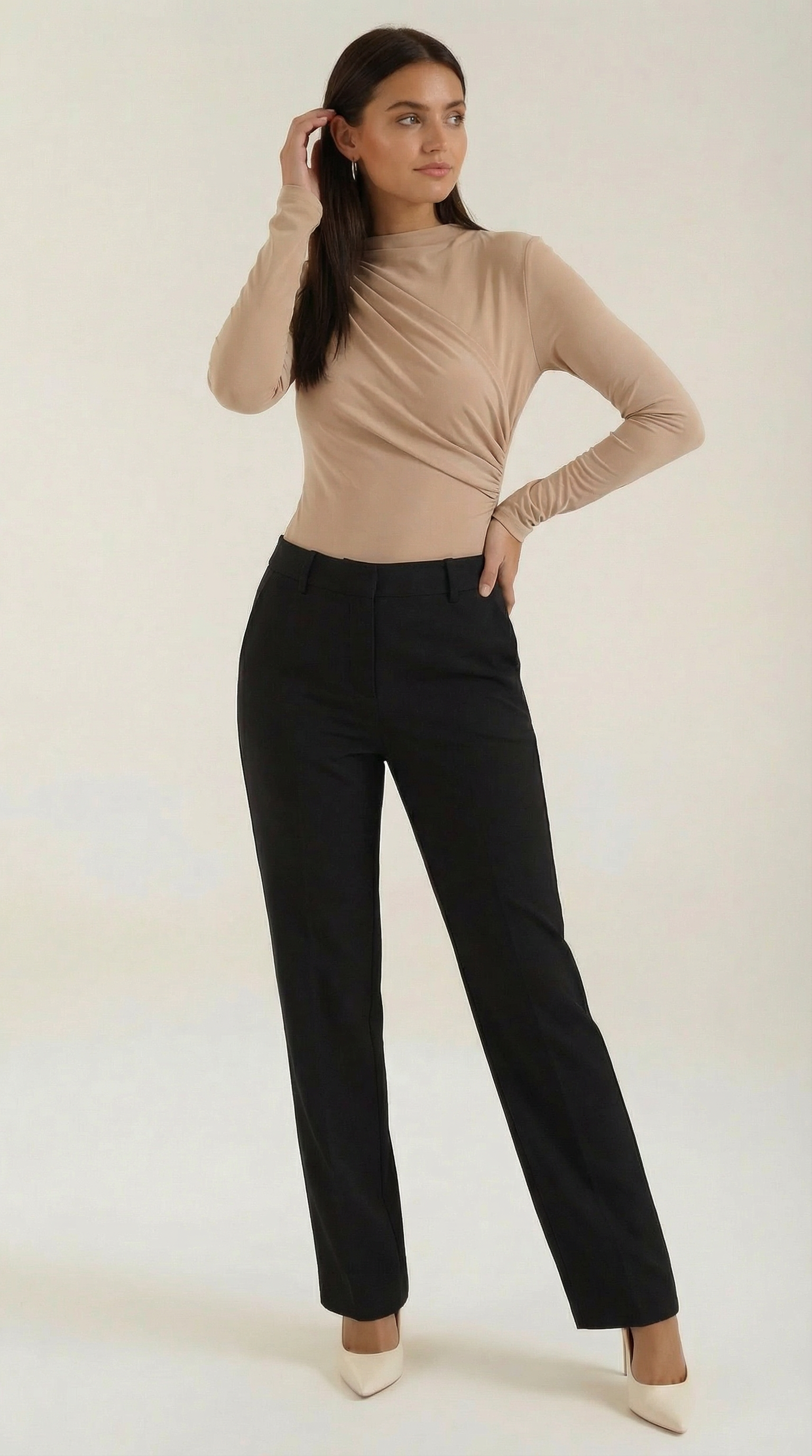 Audrey Women's Crew Neck Ruched Long-Sleeve Bodysuit - Tan