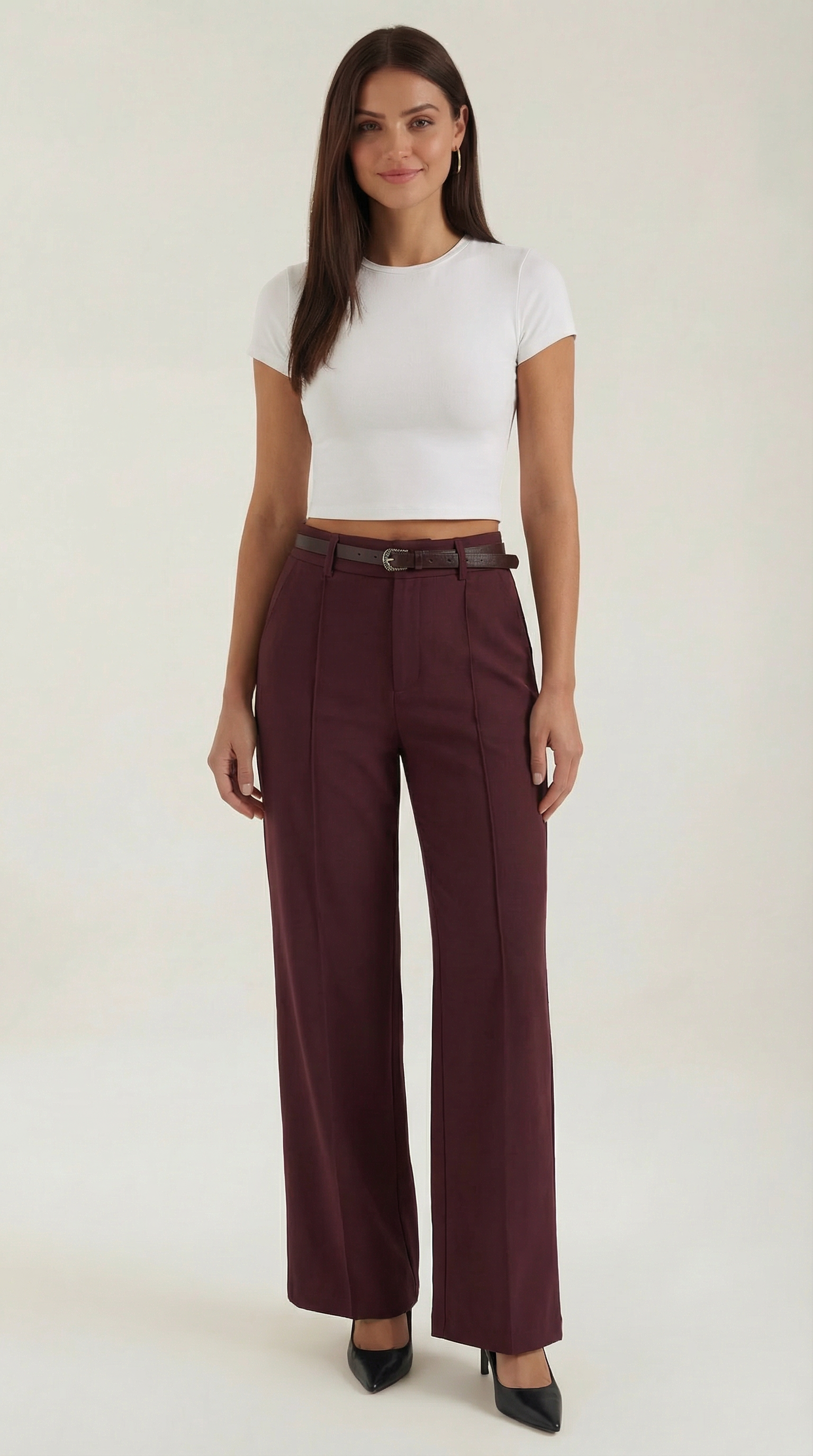 Bertha Women's Pleated Belted Wide-Leg Trousers - Burgundy