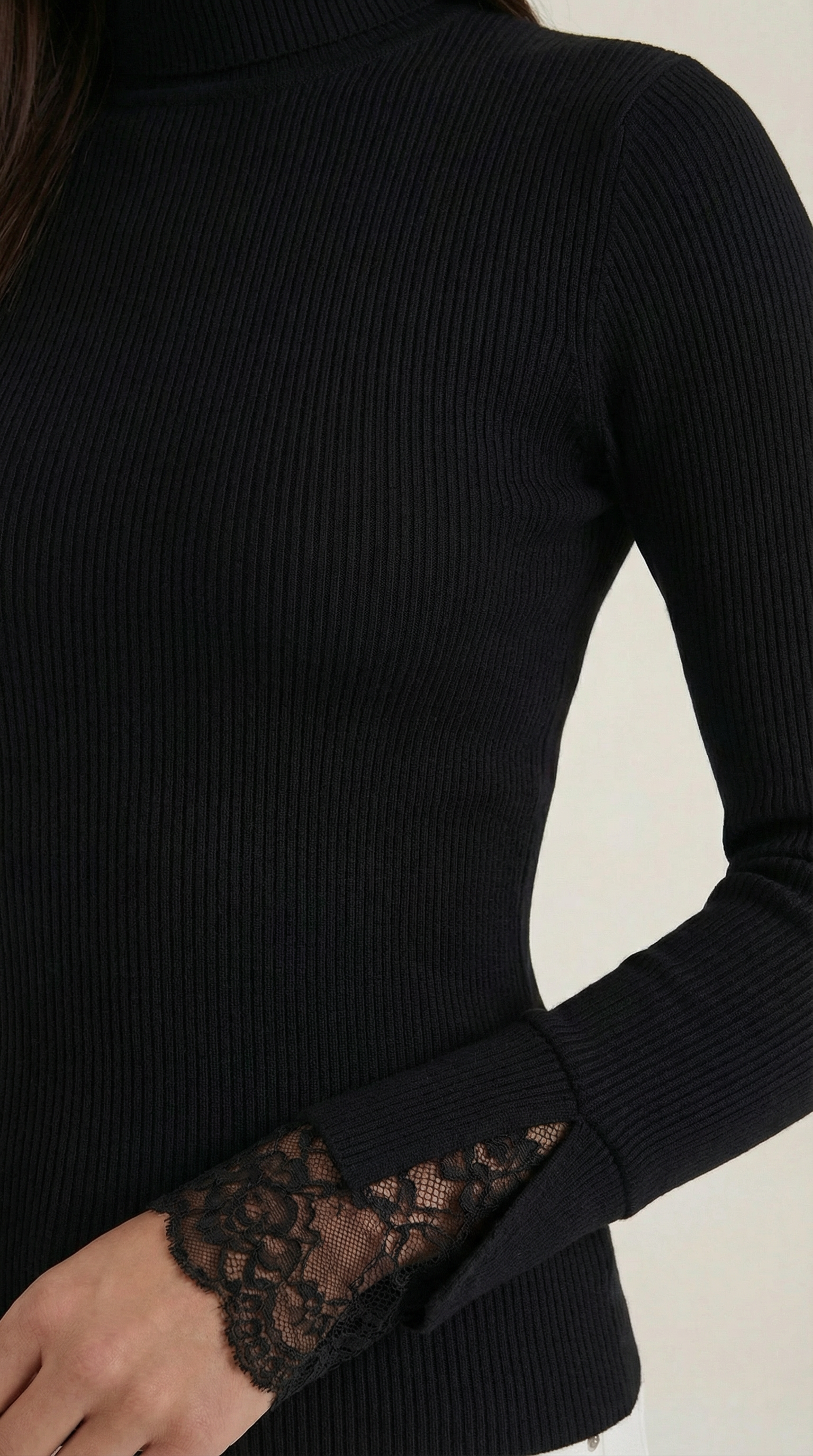 Beth Women's Ribbed Lace-Cuff Turtleneck Jumper