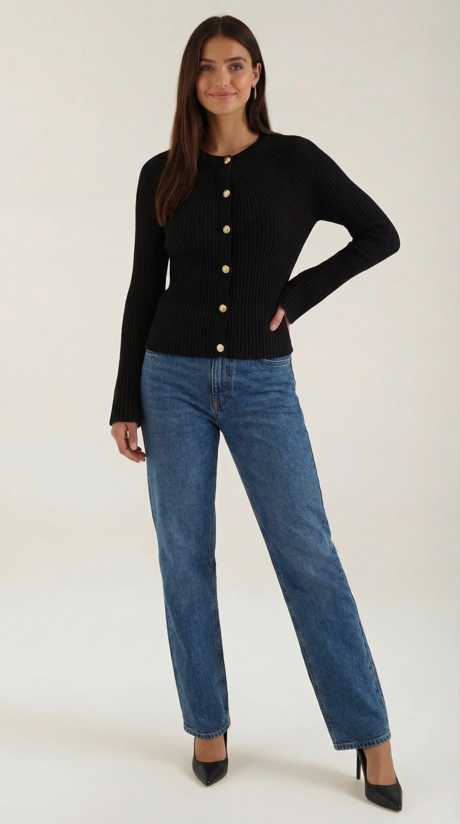 Betty Women's Ribbed Knit Top with Gold Buttons - Black