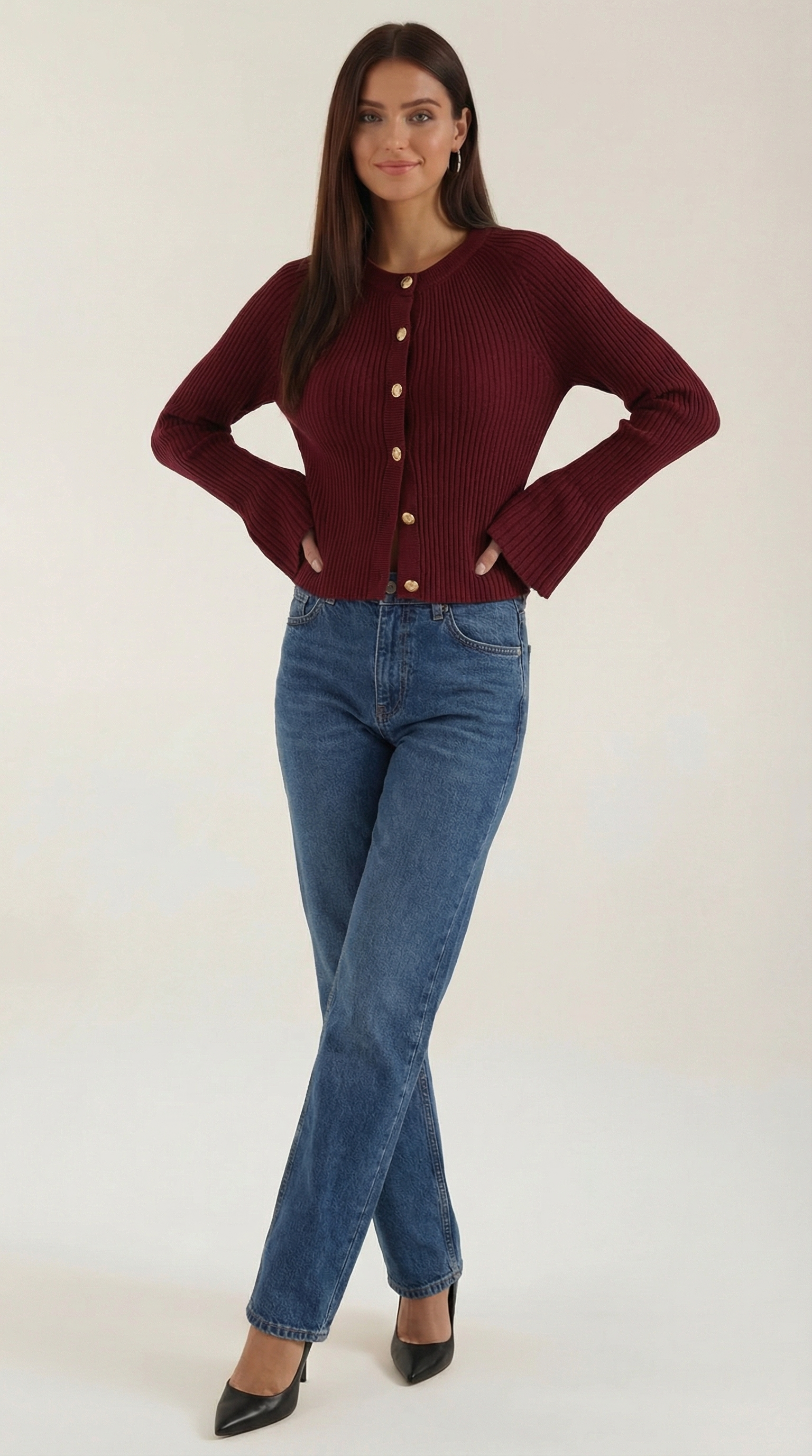 Betty Women's Ribbed Knit Top with Gold Buttons - Burgundy