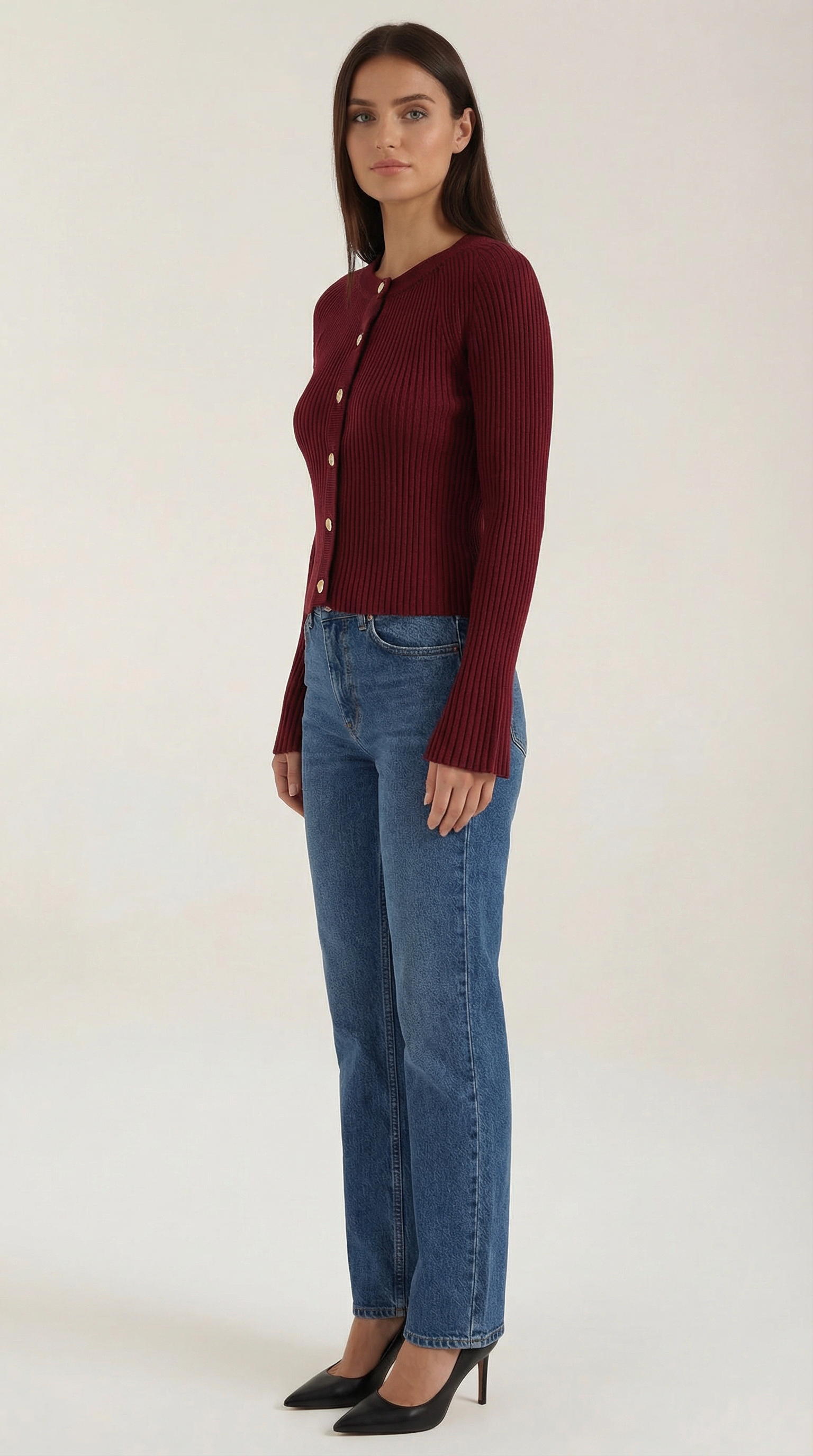 Betty Women's Ribbed Knit Top with Gold Buttons