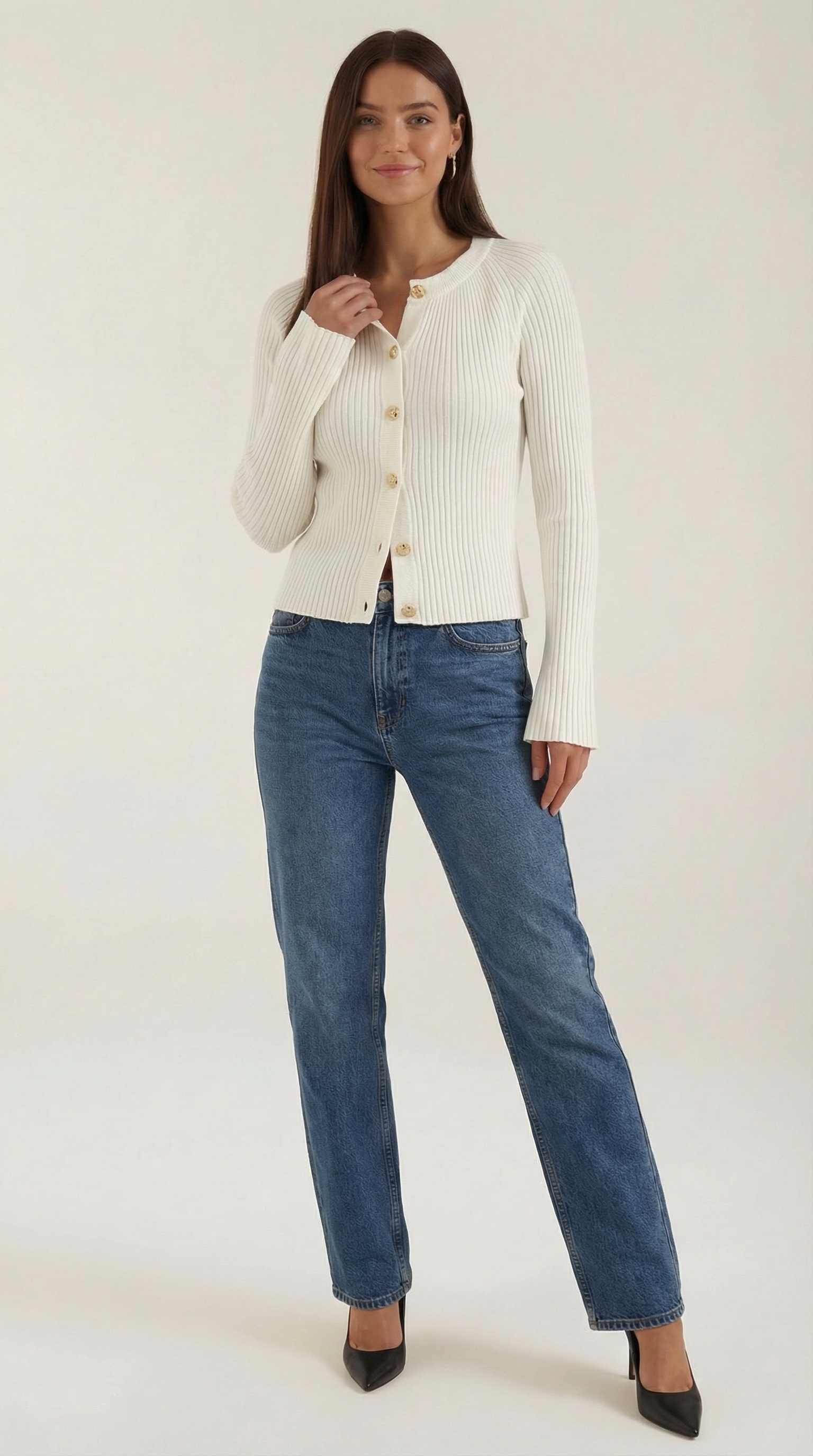 Betty Women's Ribbed Knit Top with Gold Buttons - White