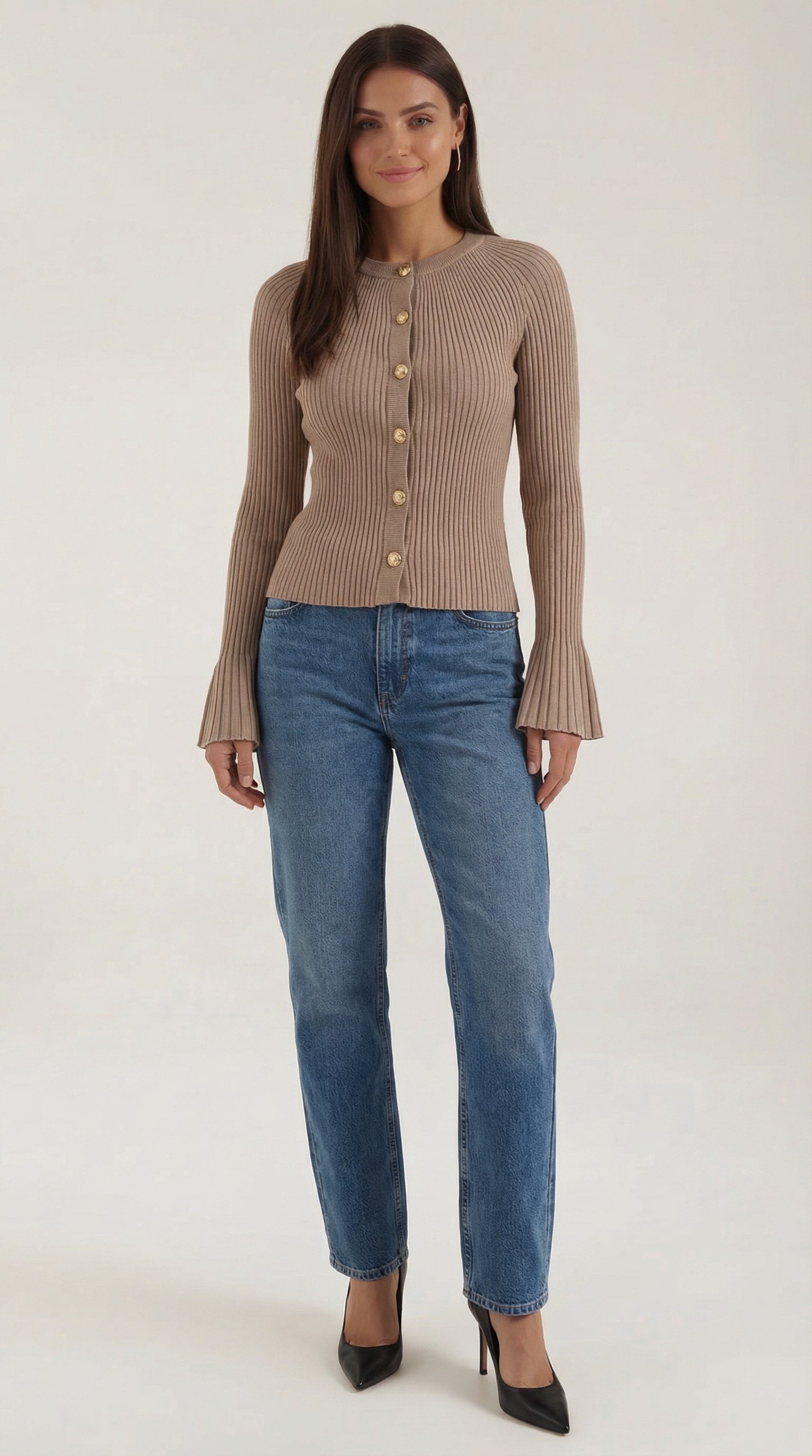 Betty Women's Ribbed Knit Top with Gold Buttons - Khaki