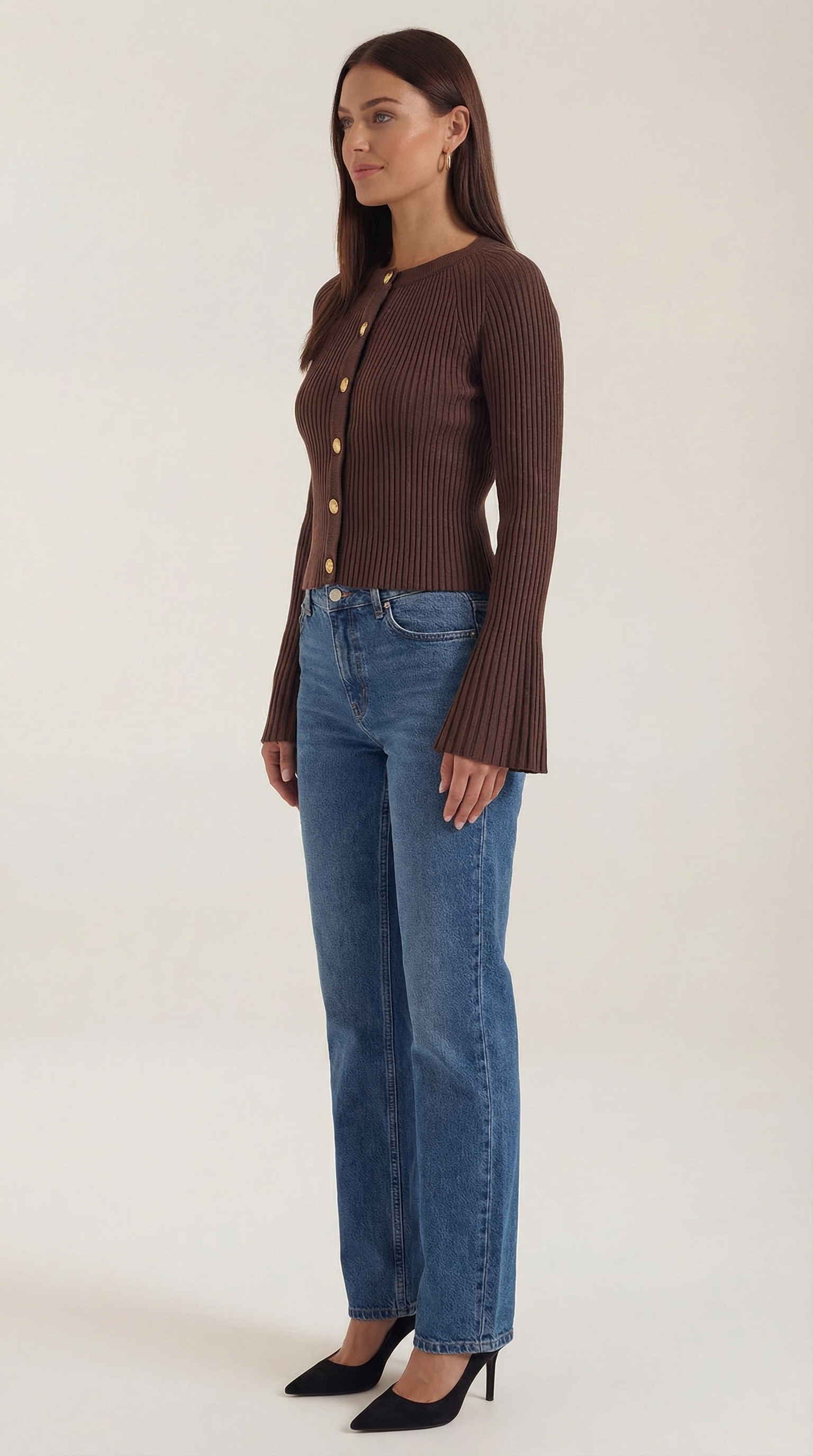 Betty Women's Ribbed Knit Top with Gold Buttons