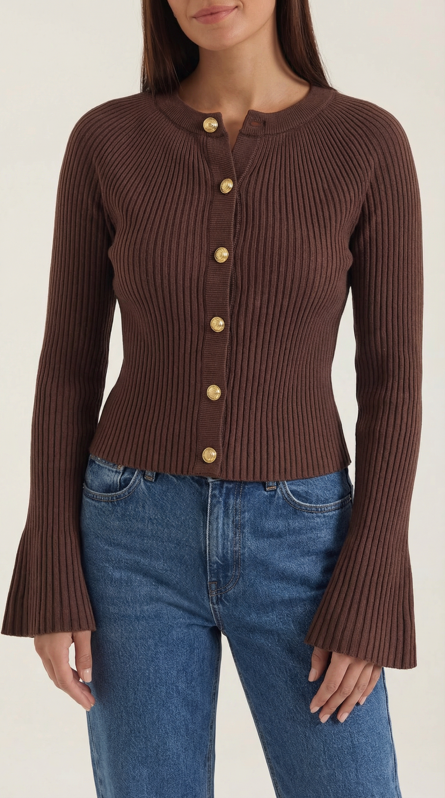 Betty Women's Ribbed Knit Top with Gold Buttons