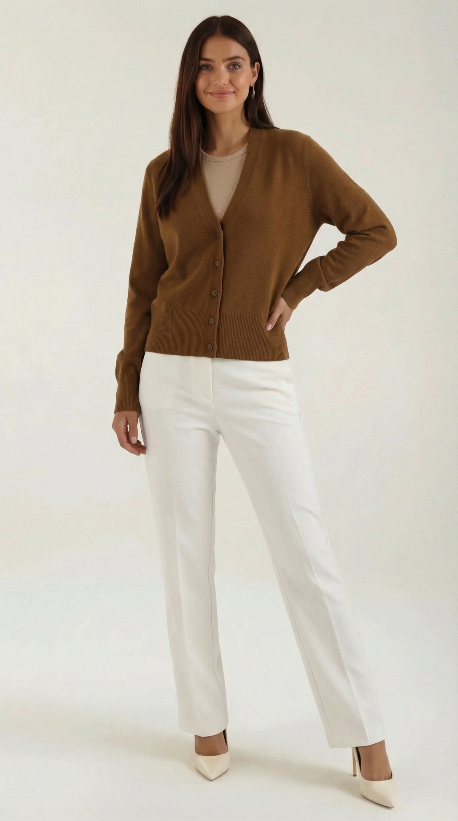 Bonnie Women's Split Hem V-Neck Button Cardigan - Brown
