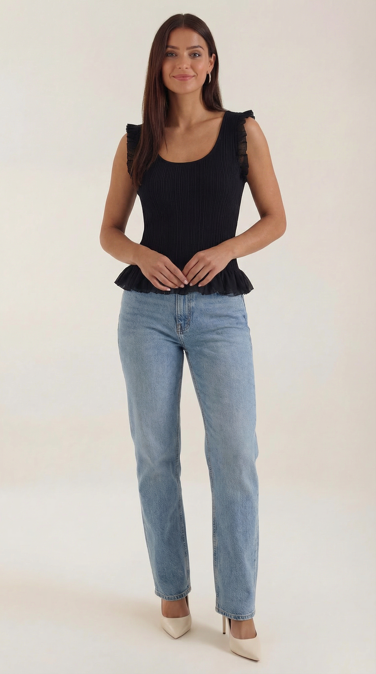 Carol Women's Ribbed Knit Top with Ruffle Trim - Black