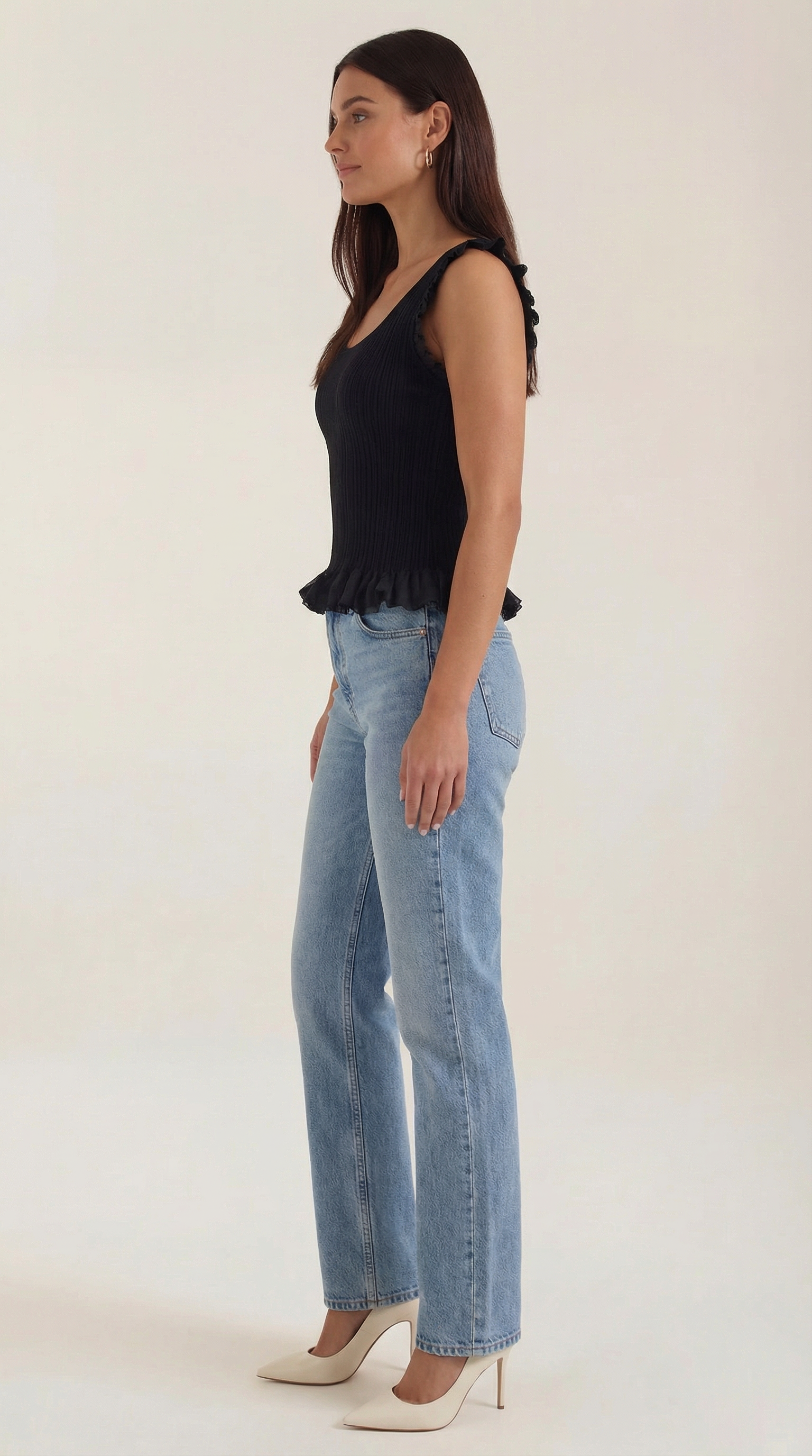 Carol Women's Ribbed Knit Top with Ruffle Trim