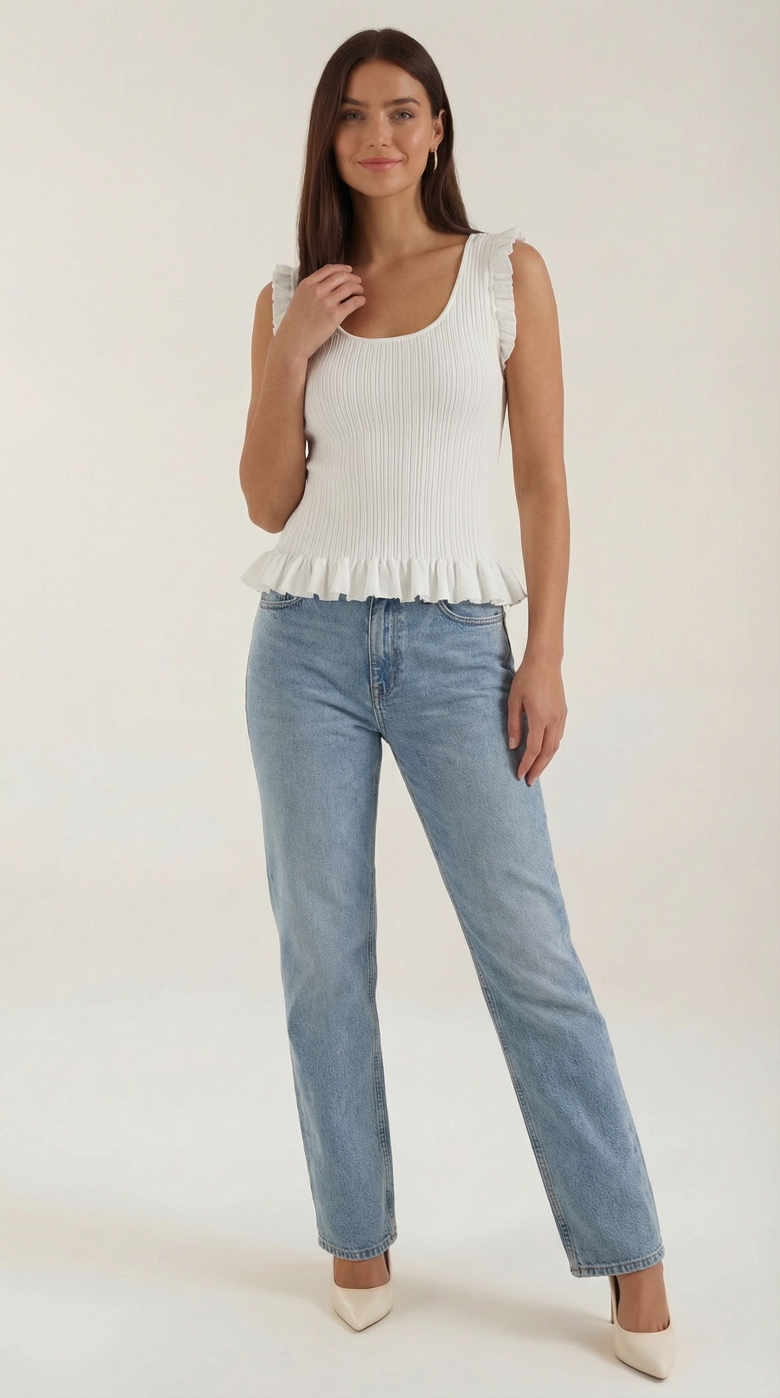 Carol Women's Ribbed Knit Top with Ruffle Trim - White