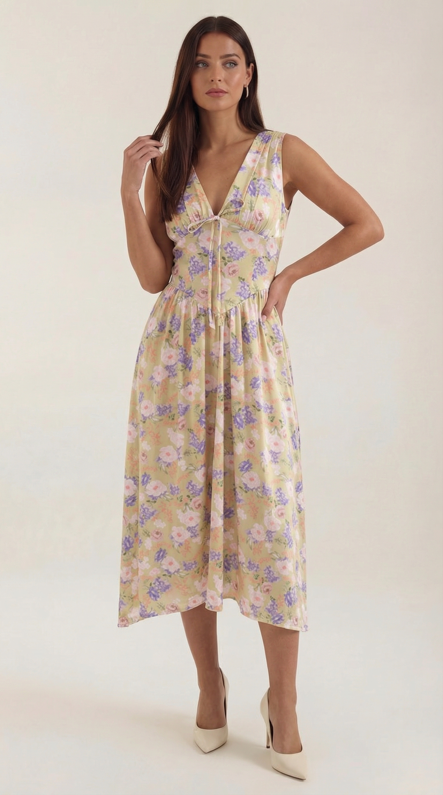 Cassiopeia Women's Plunge V-Neck Fitted Bodice Midi Dress - Cream