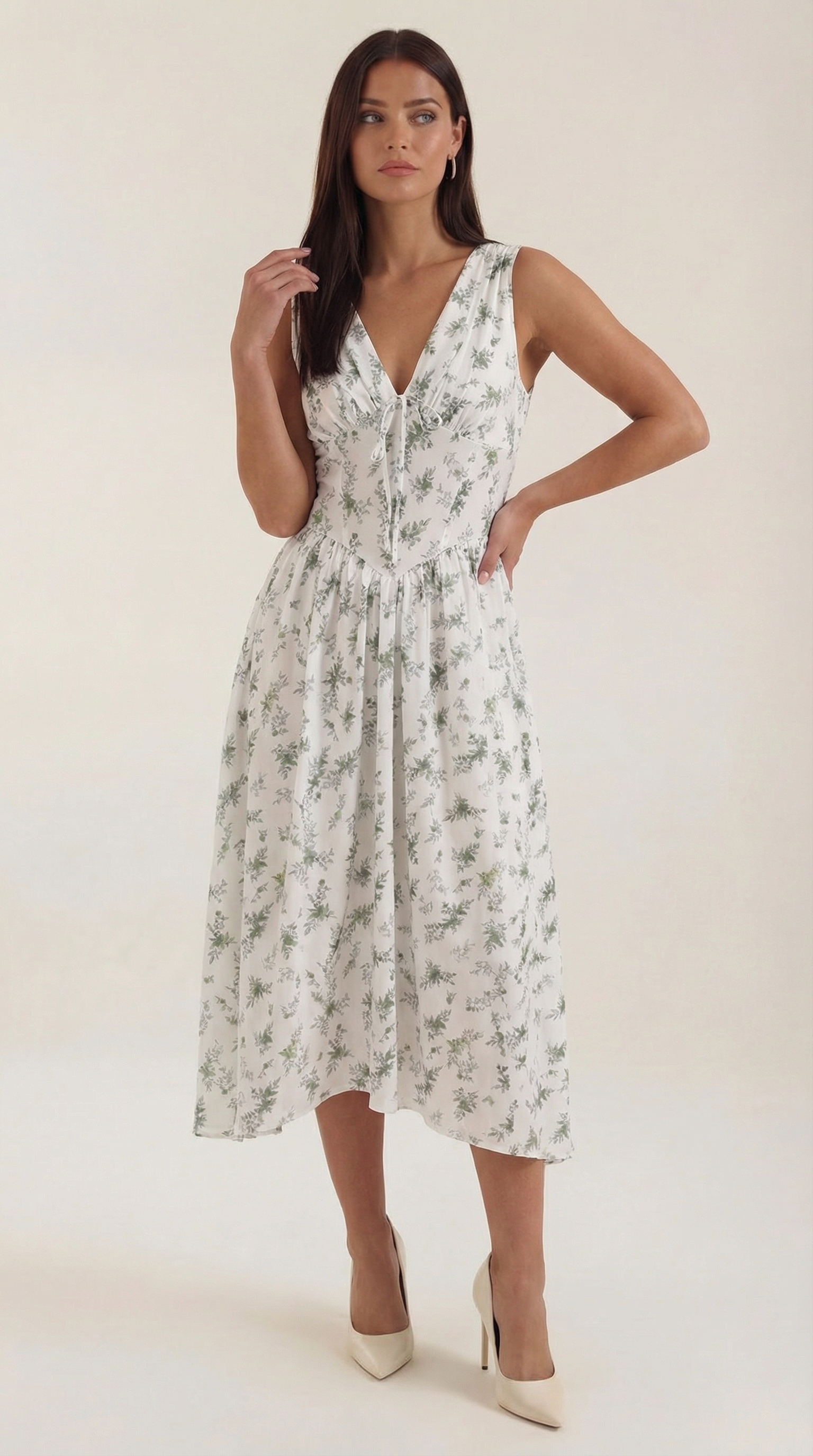 Cassiopeia Women's Plunge V-Neck Fitted Bodice Midi Dress - White