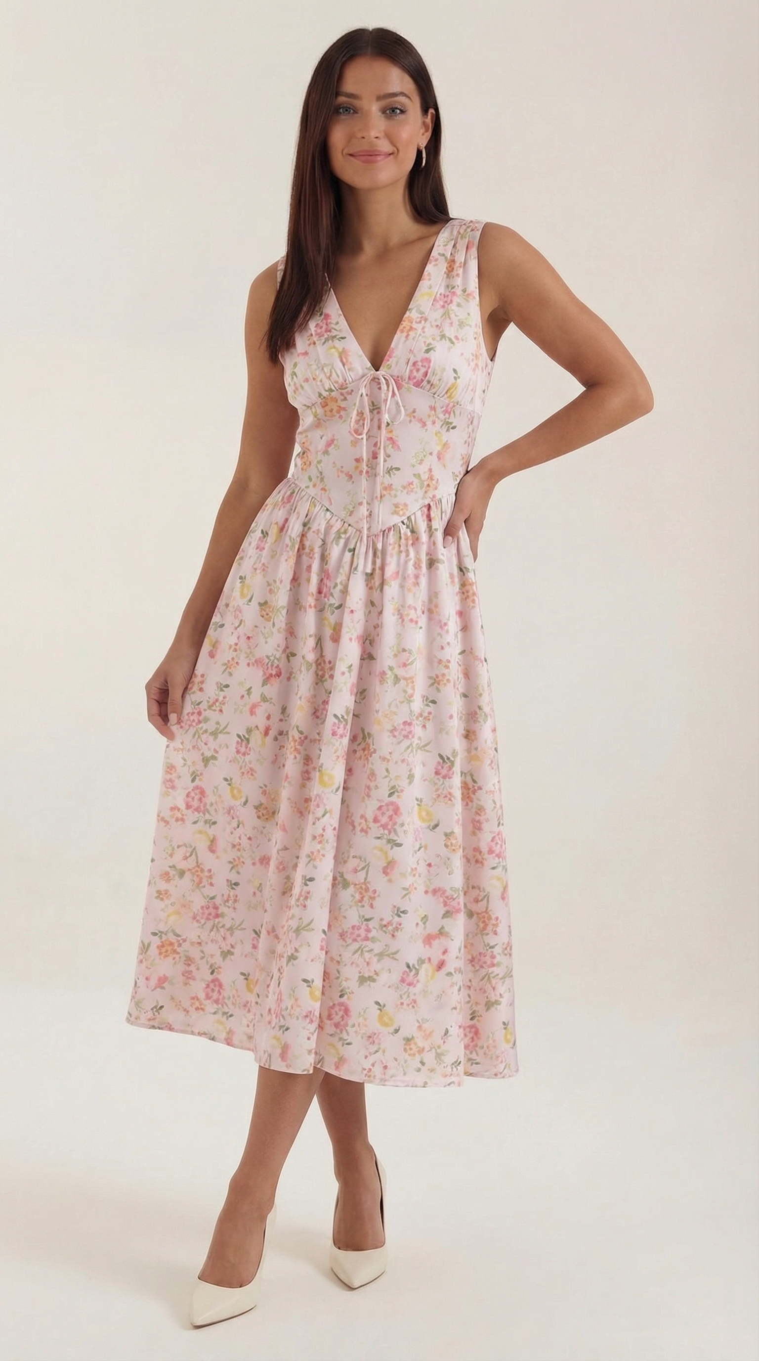 Cassiopeia Women's Plunge V-Neck Fitted Bodice Midi Dress - Light Pink