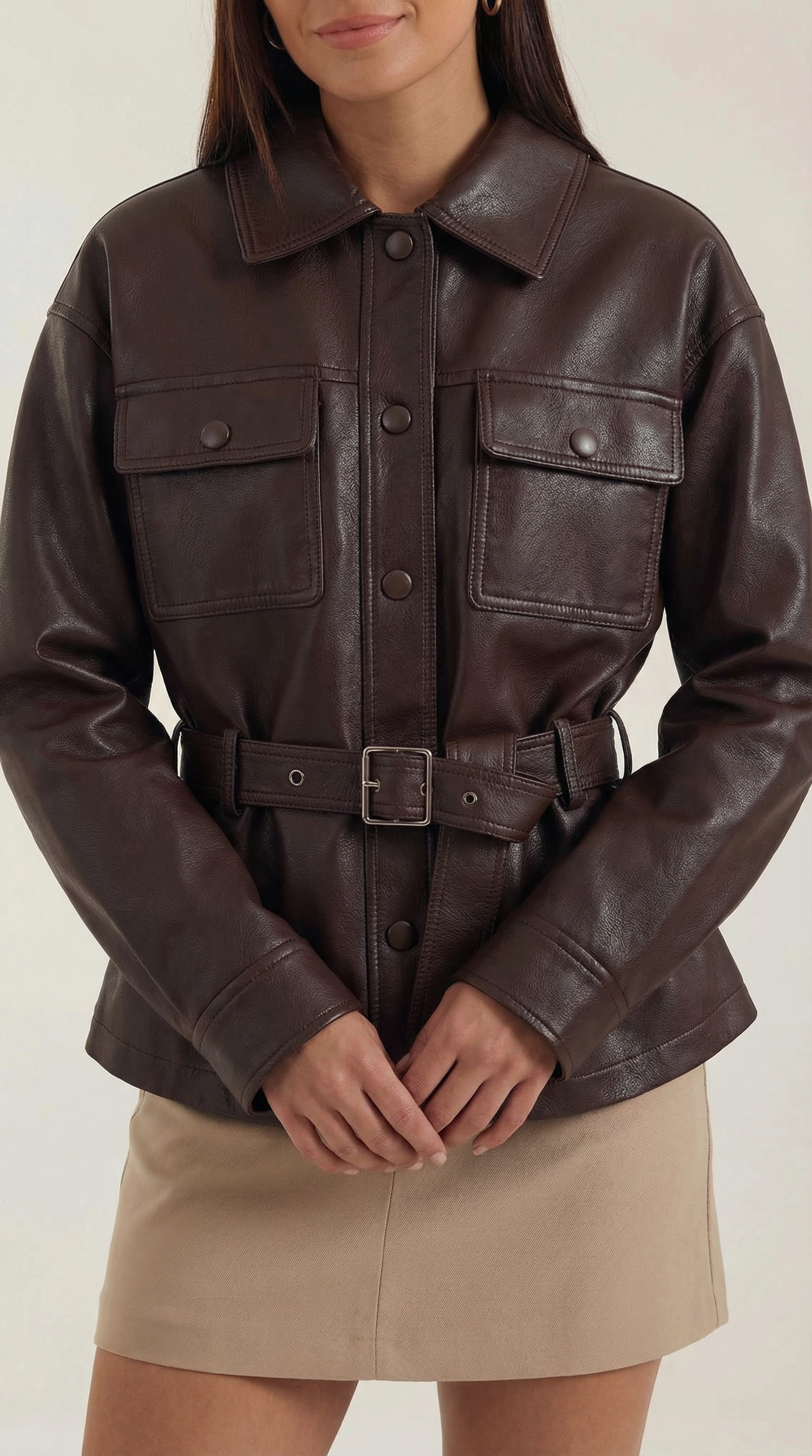 Christina Women's Belted Faux Leather Jacket with Pockets