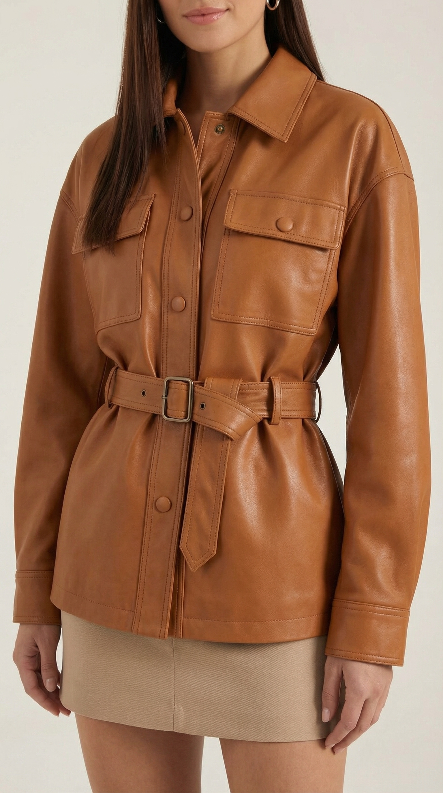 Christina Women's Belted Faux Leather Jacket with Pockets