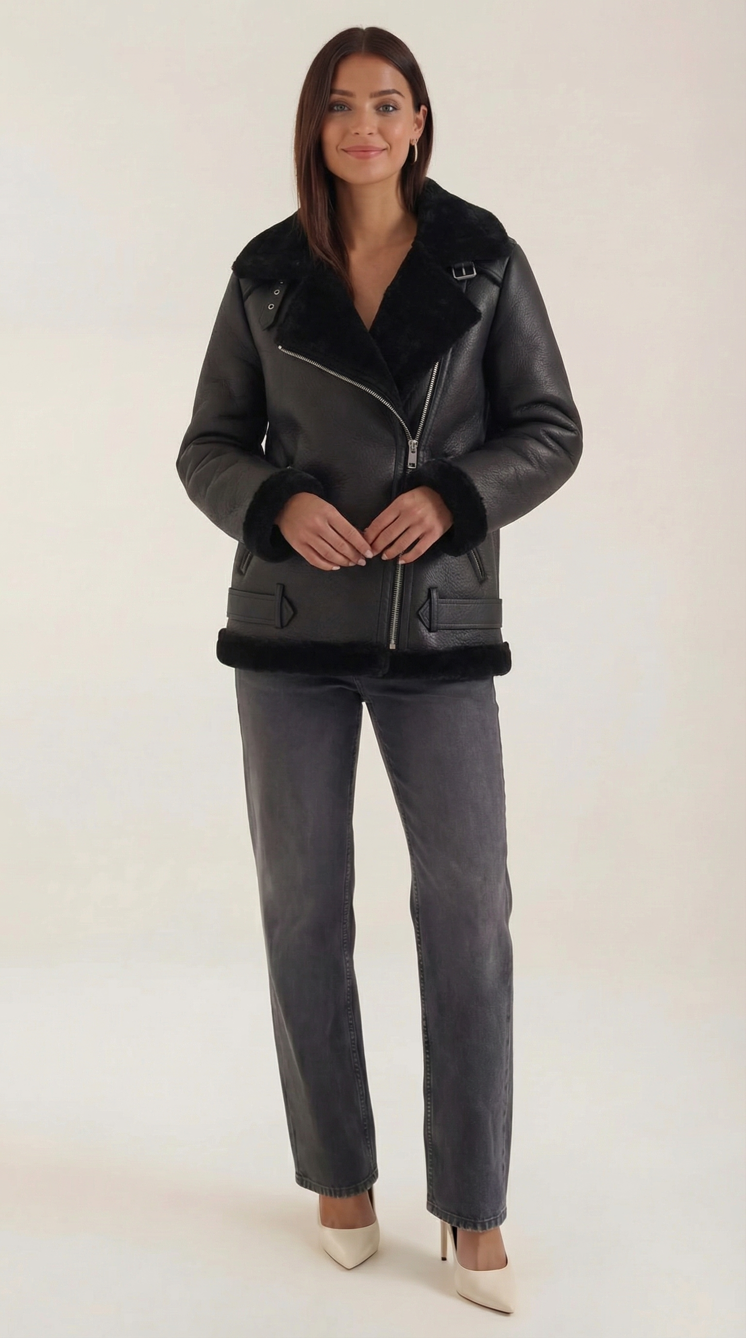 Christine Women's Belted Zip-Up Faux Shearling Aviator Jacket - Black
