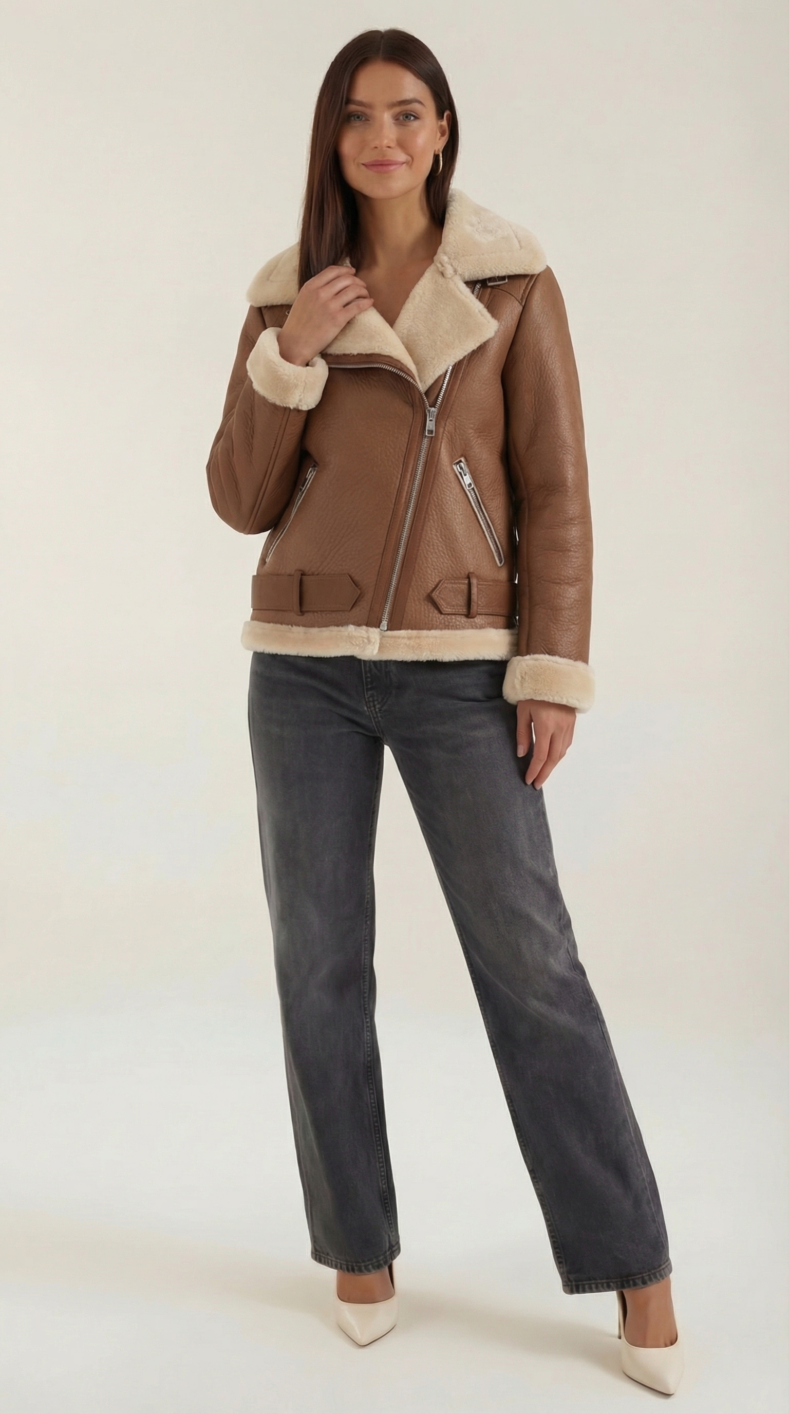 Christine Women's Belted Zip-Up Faux Shearling Aviator Jacket - Brown
