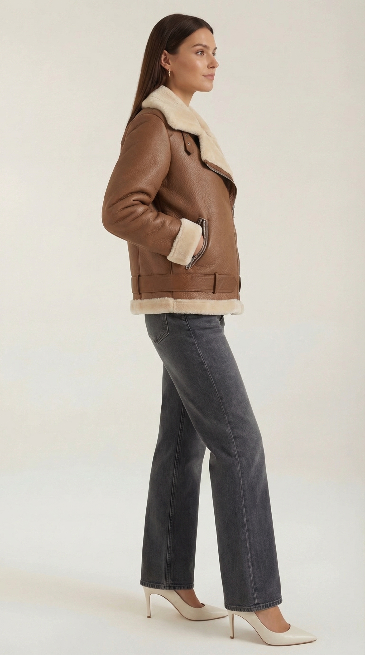 Christine Women's Belted Zip-Up Faux Shearling Aviator Jacket