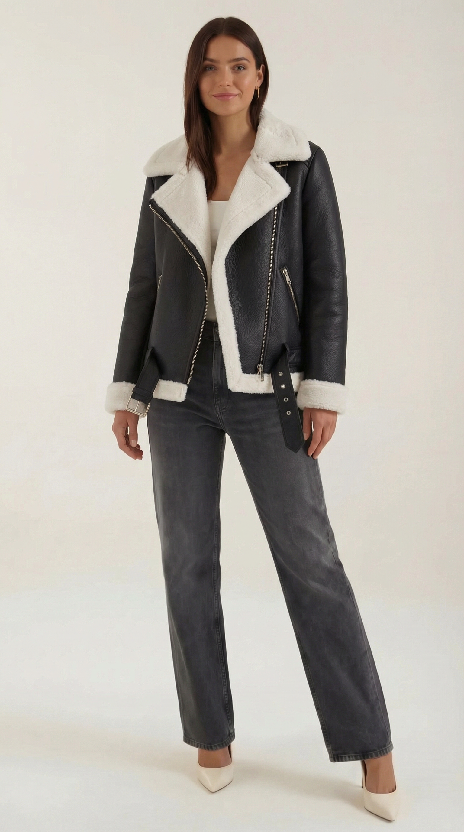 Christine Women's Belted Zip-Up Faux Shearling Aviator Jacket - White