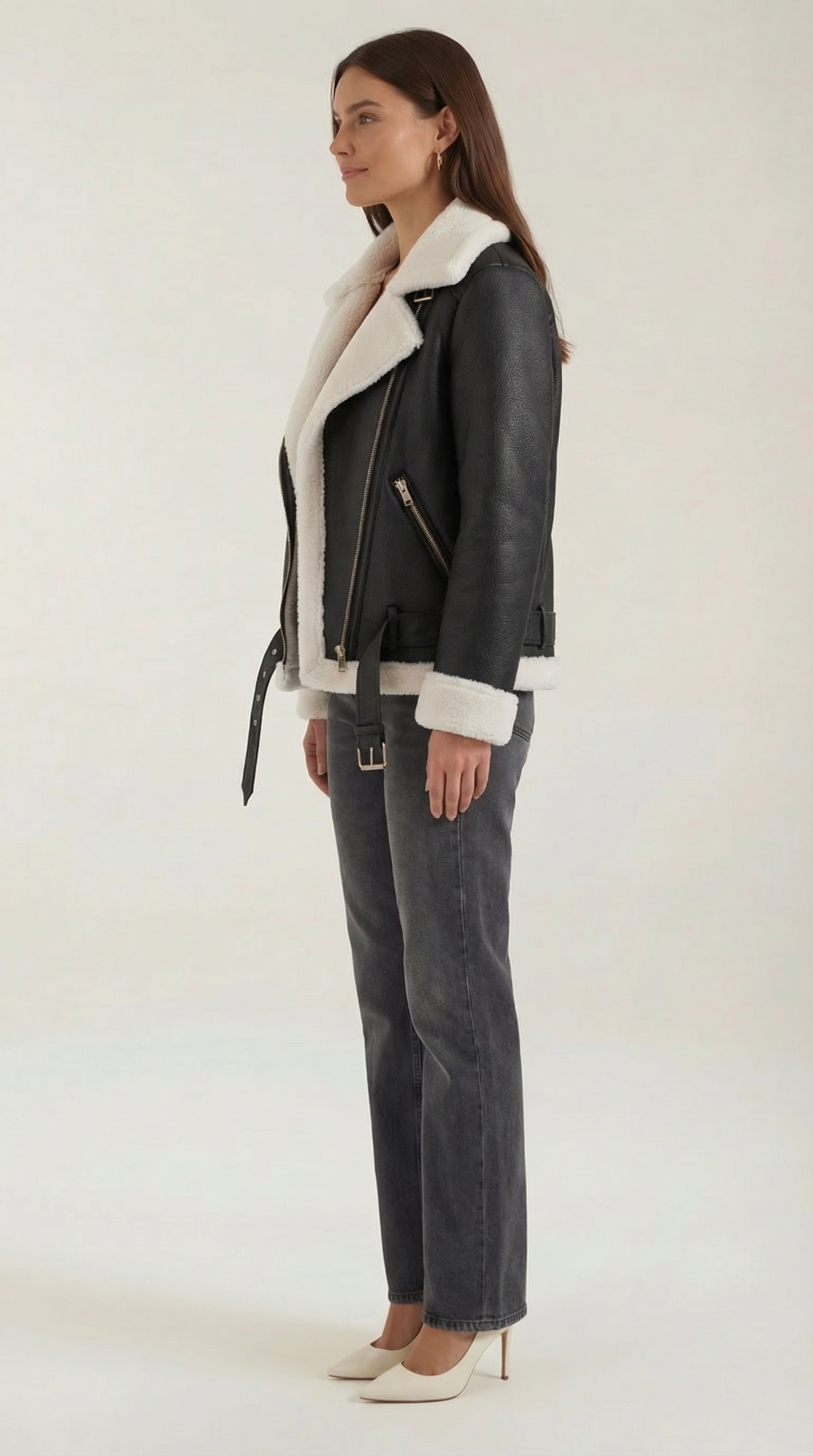 Christine Women's Belted Zip-Up Faux Shearling Aviator Jacket