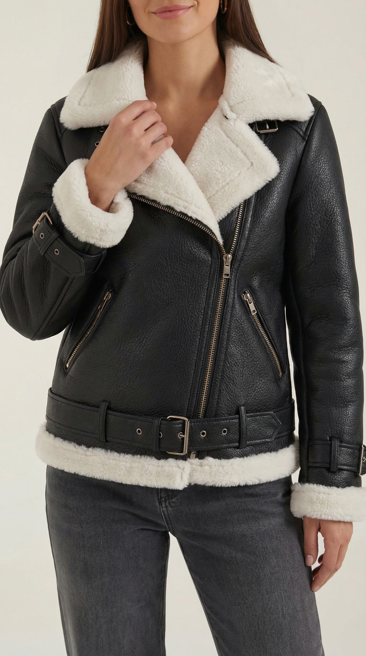 Christine Women's Belted Zip-Up Faux Shearling Aviator Jacket