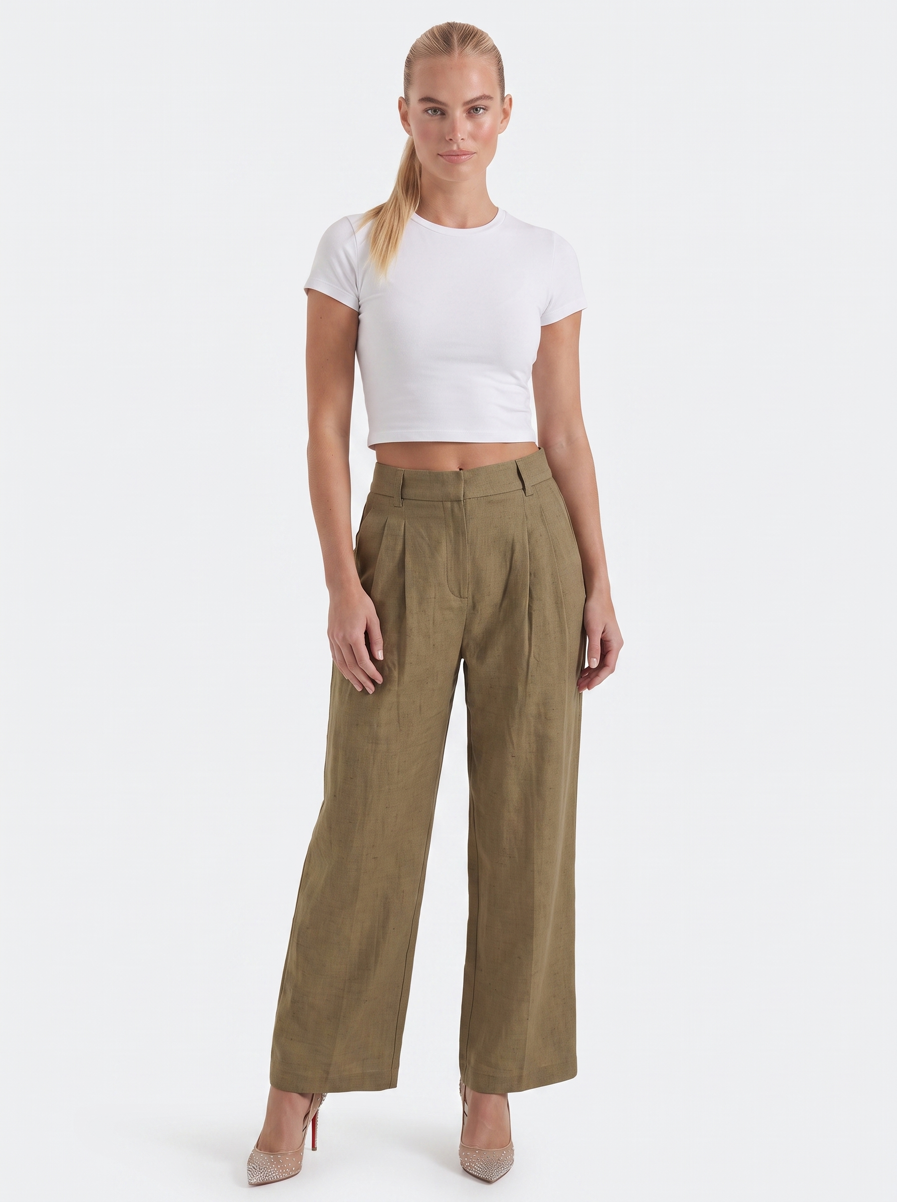 Courtney Women's Pleated High-Rise Wide Leg Trousers - Khaki