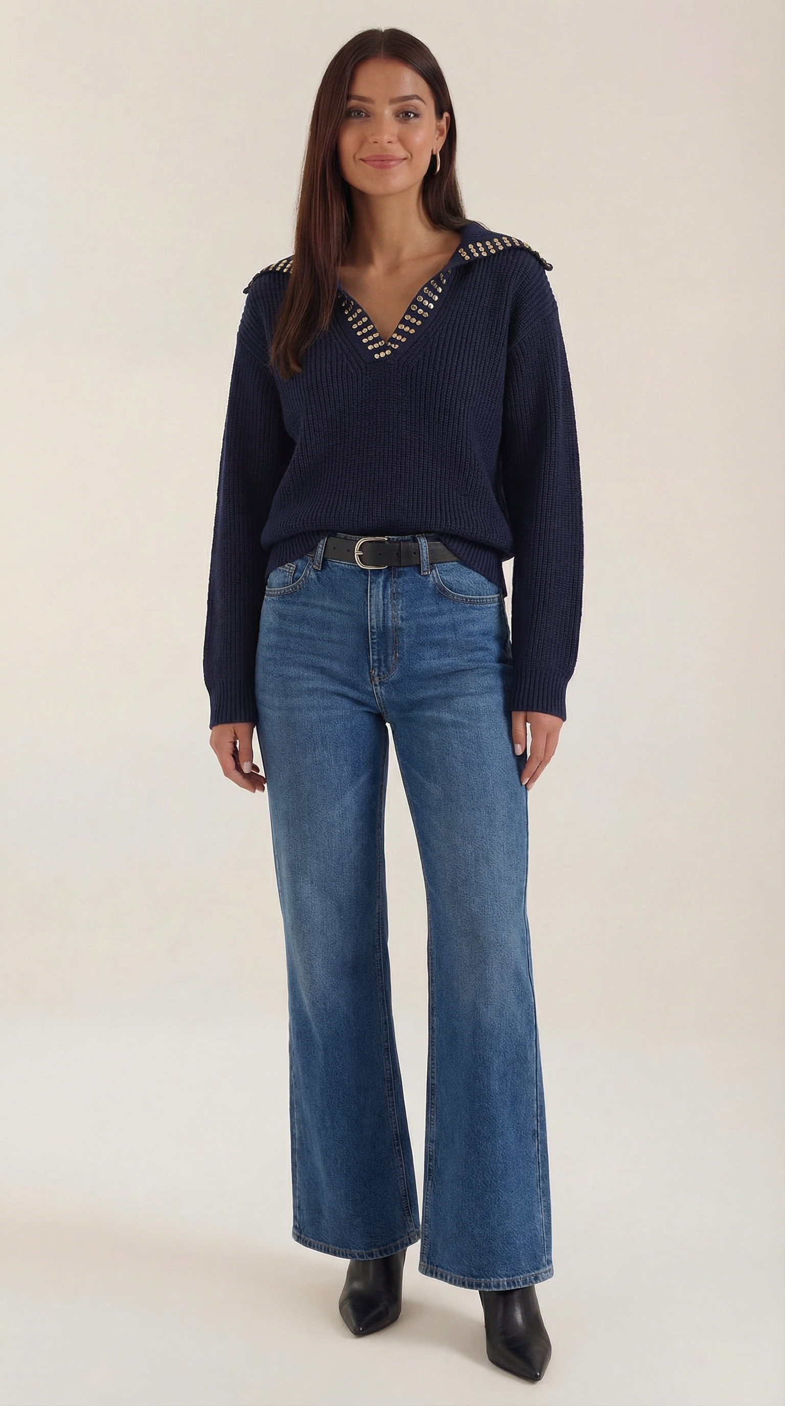 Darlene Women's Studded Collar Wool-Look Jumper - Navy