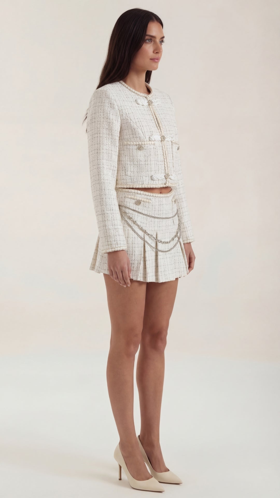 Doris Women's Cropped Pleated Tweed Skirt Set